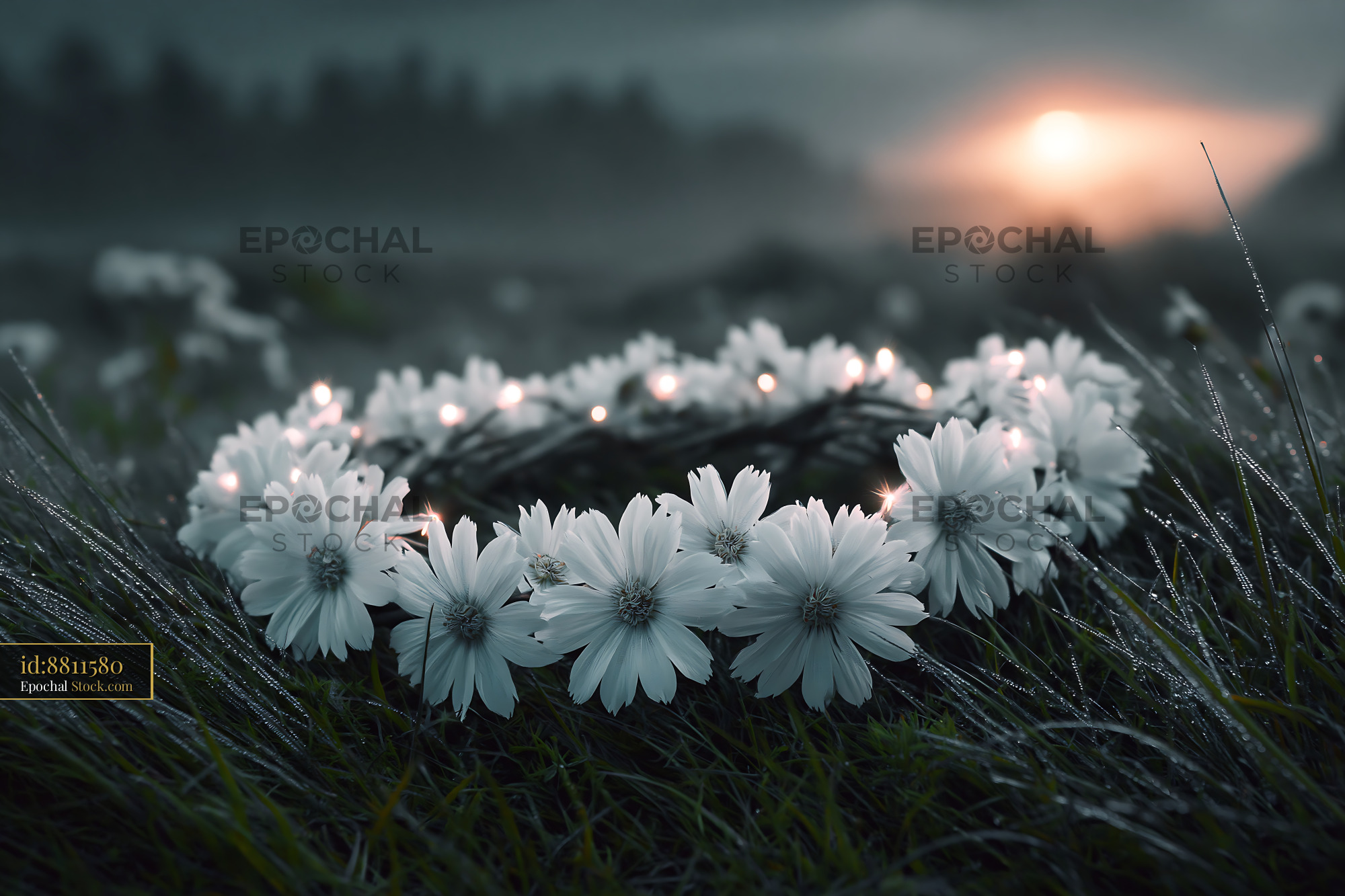 White flower crown with glowing lights on dewy meadow grass - stock photo