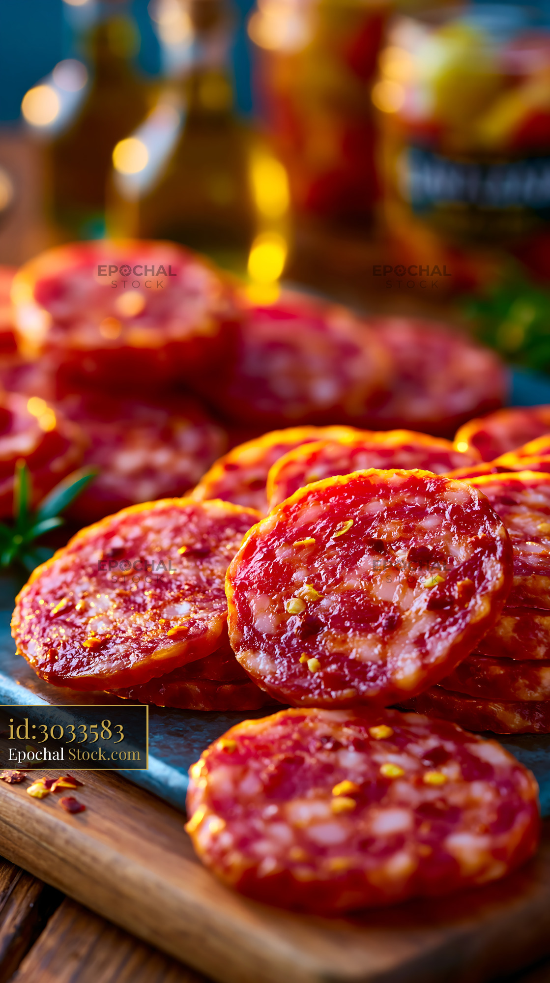 Slices of spicy soppressata di calabria meat on a rustic wooden board - stock photo