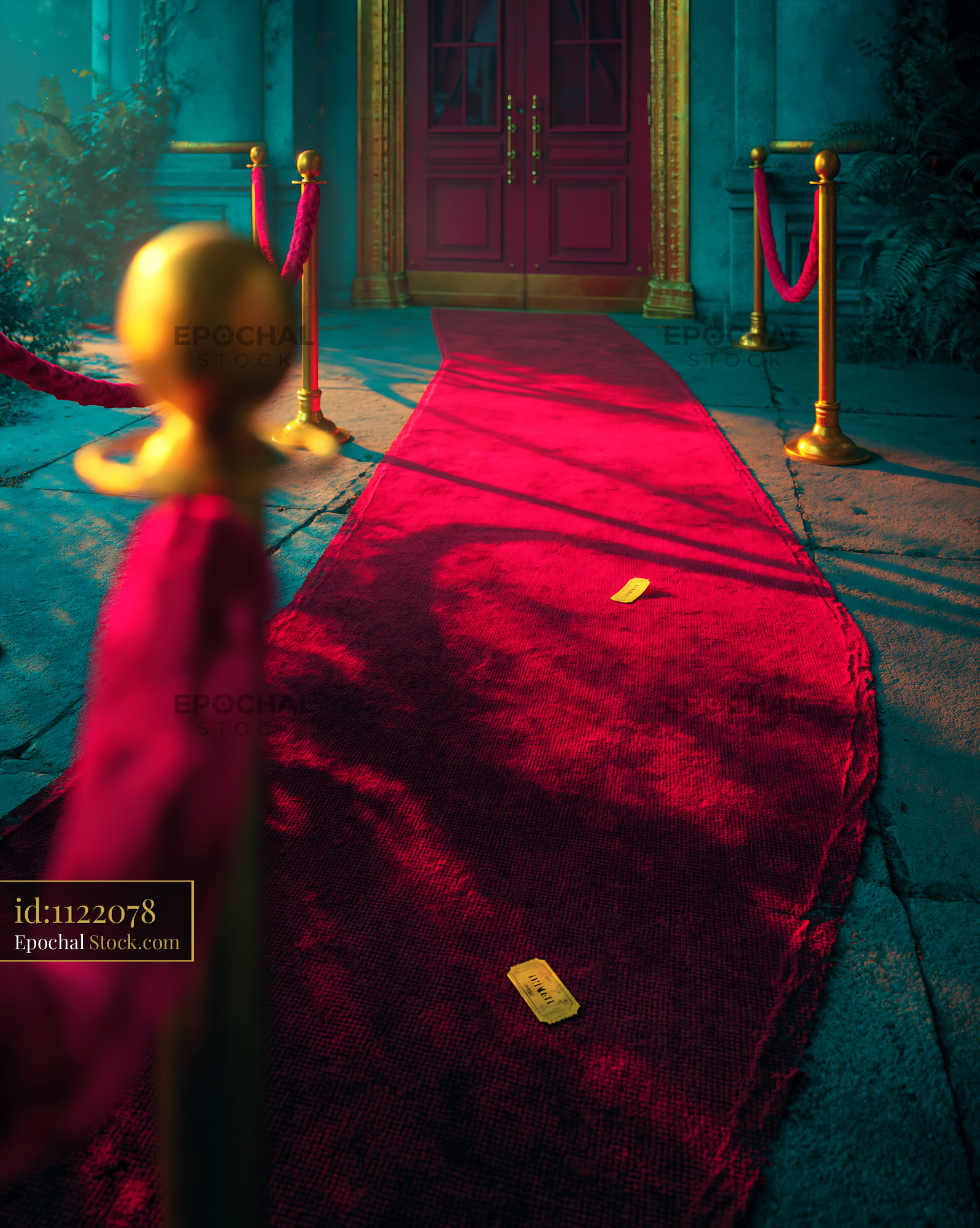 Red carpet leading to a theater entrance with dropped tickets - stock photo