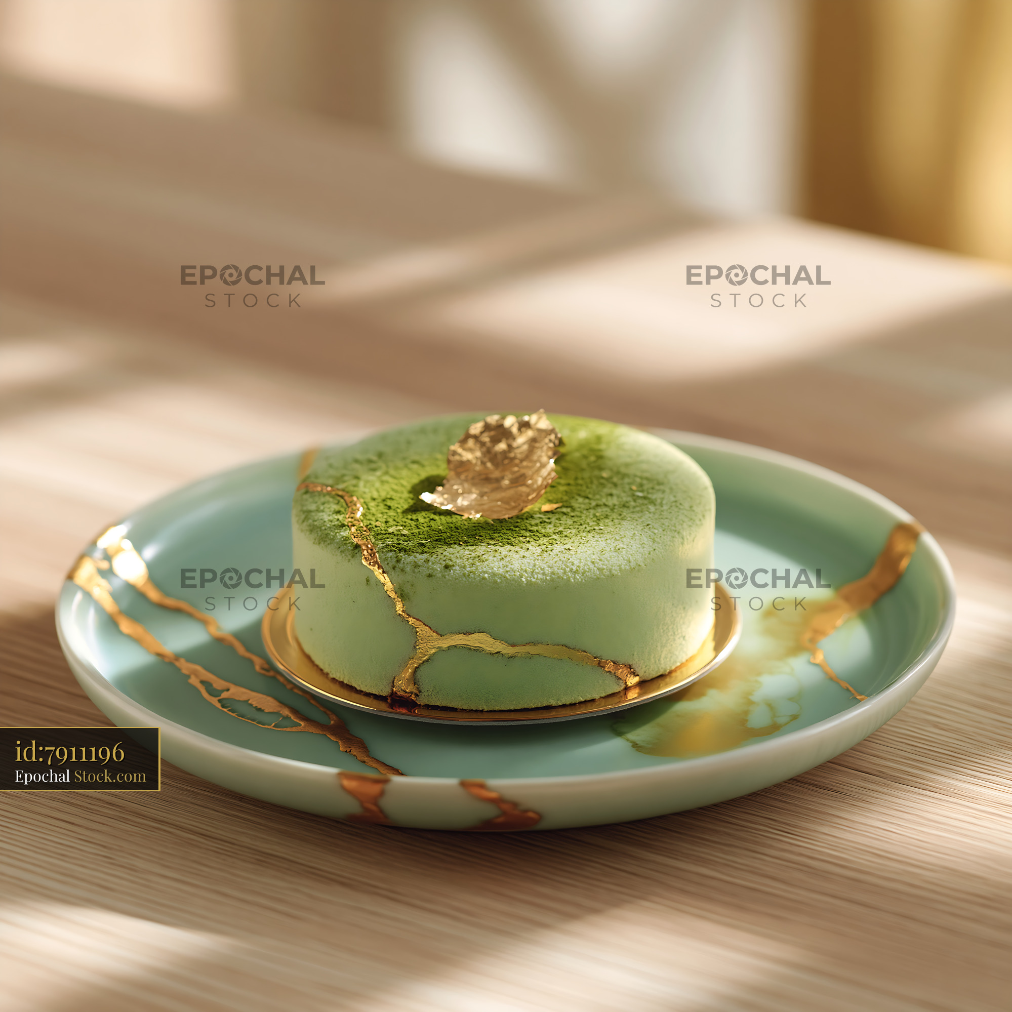 Matcha mousse cake with gold kintsugi accents on ceramic plate - stock photo