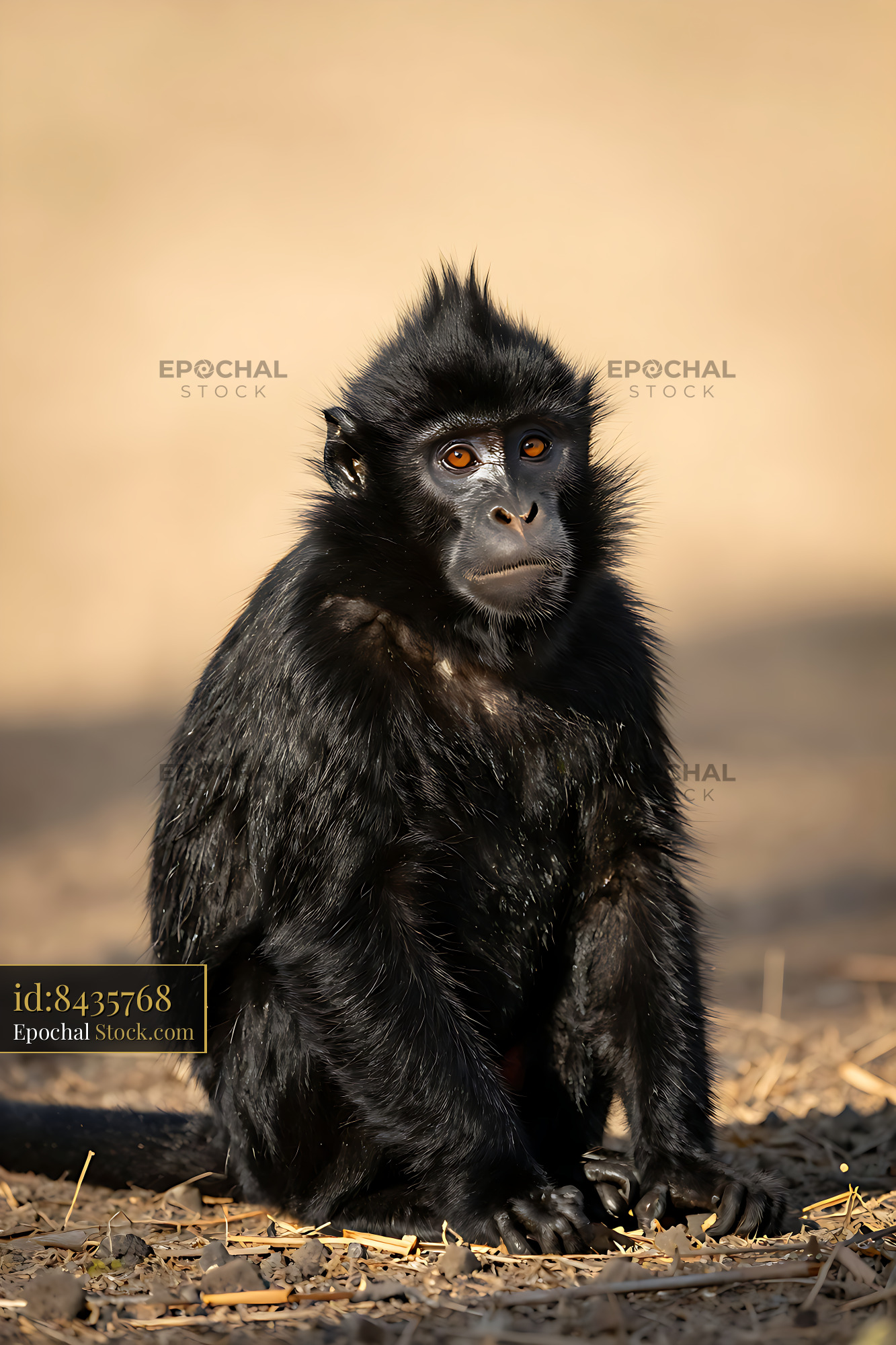 Black crested macaque sitting on the ground in warm sunlight - stock photo
