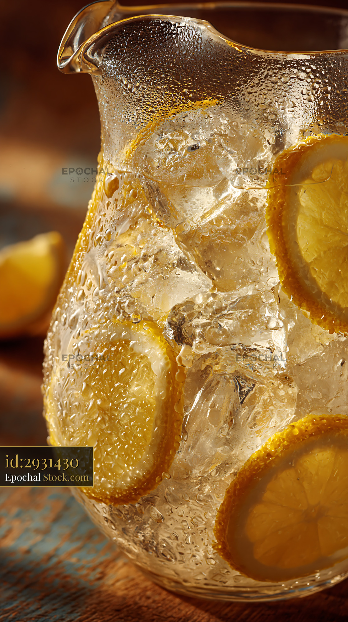 Cold lemonade pitcher with ice cubes and fresh lemon slices - stock photo