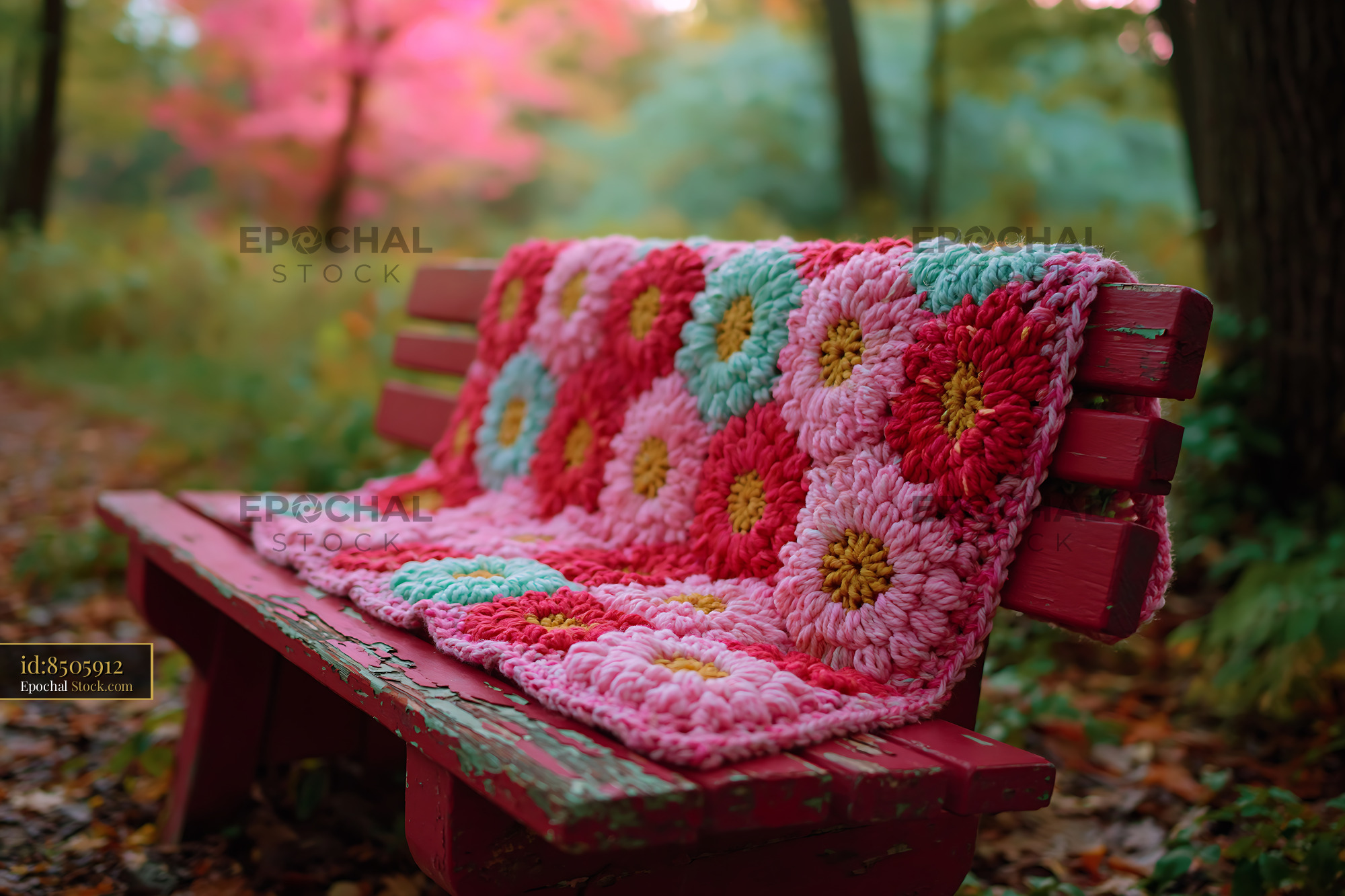 Colorful crocheted flower blanket on a red wooden park bench - stock photo