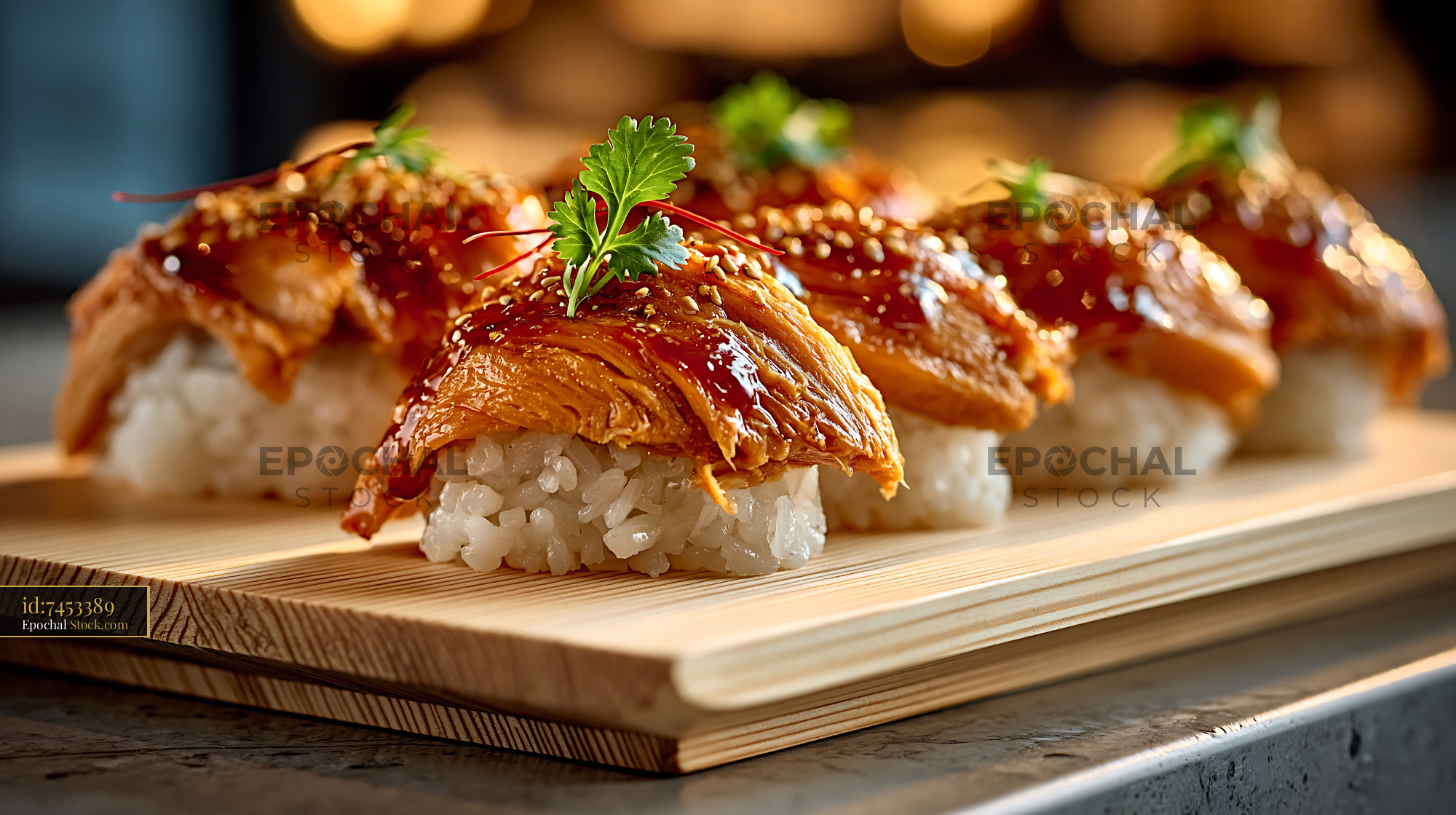 Vegan jackfruit nigiri sushi with savory glaze on a wooden board - stock photo