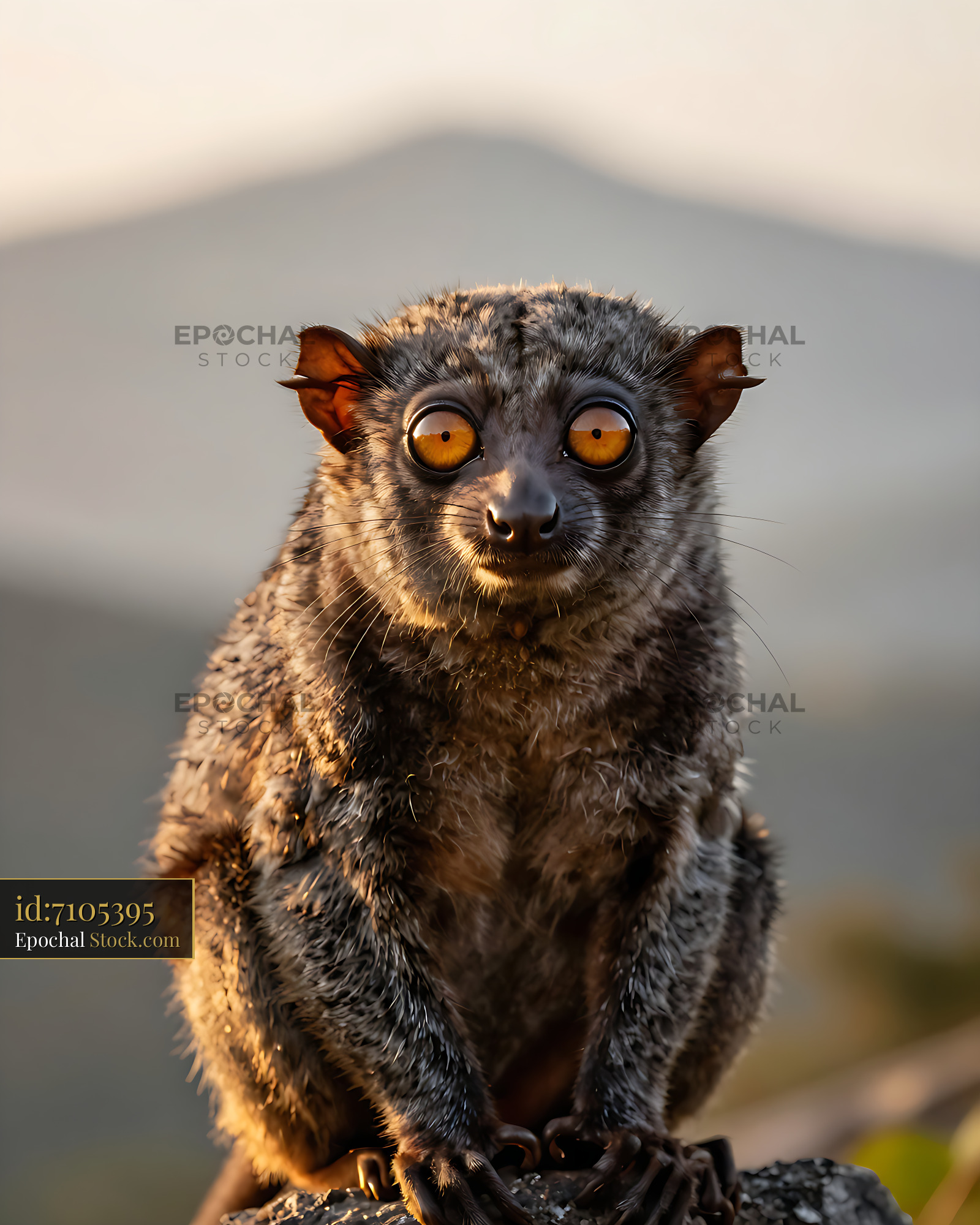 Slow loris with large orange eyes at sunset in the wild - stock photo