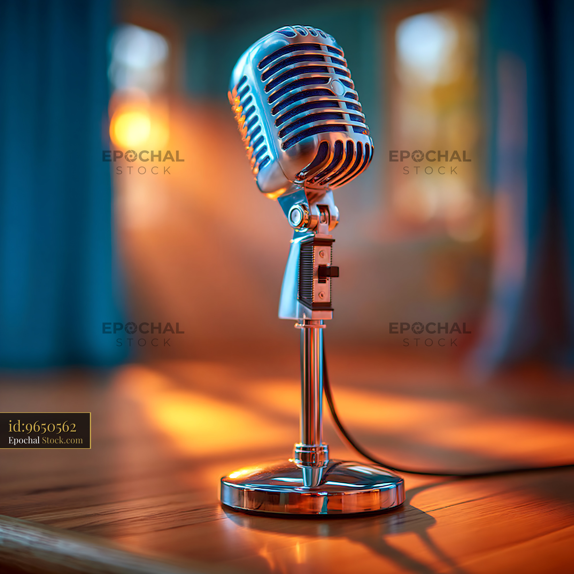 Retro silver microphone on a wooden stage at a gala event - stock photo