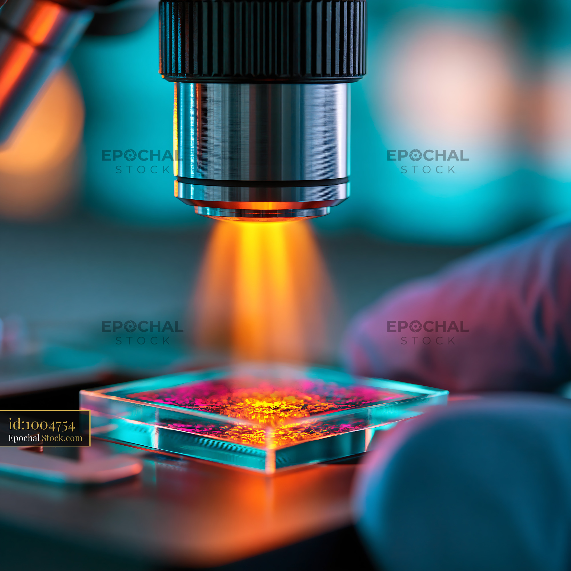 Microscope lens performing acceptor photobleaching fret analysis in la - stock photo