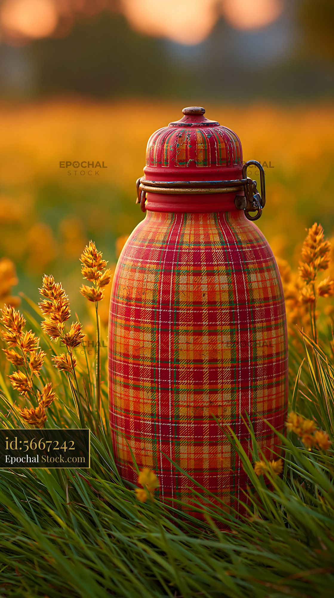 Vintage plaid thermos standing in tall grass during golden hour