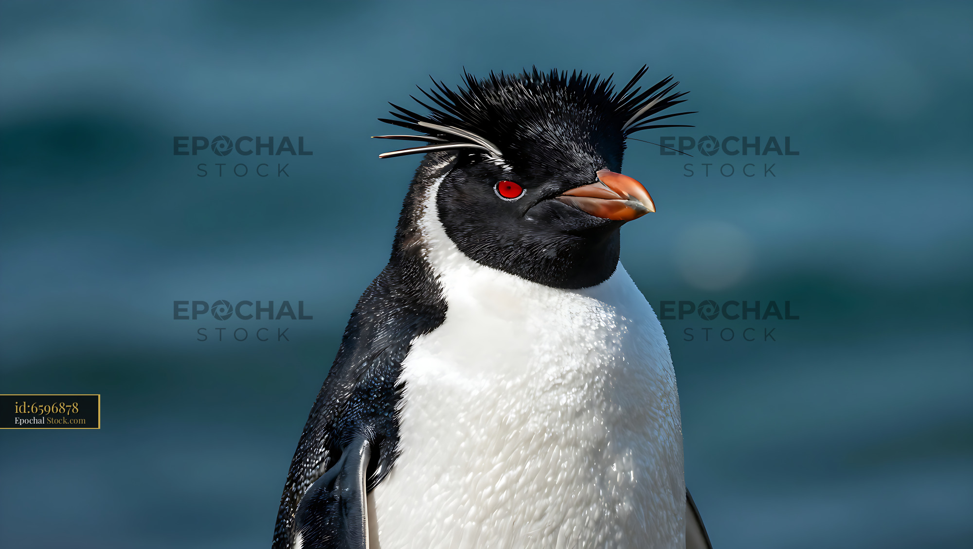 Southern rockhopper penguin with spiky crest and red eyes near the sea - stock photo