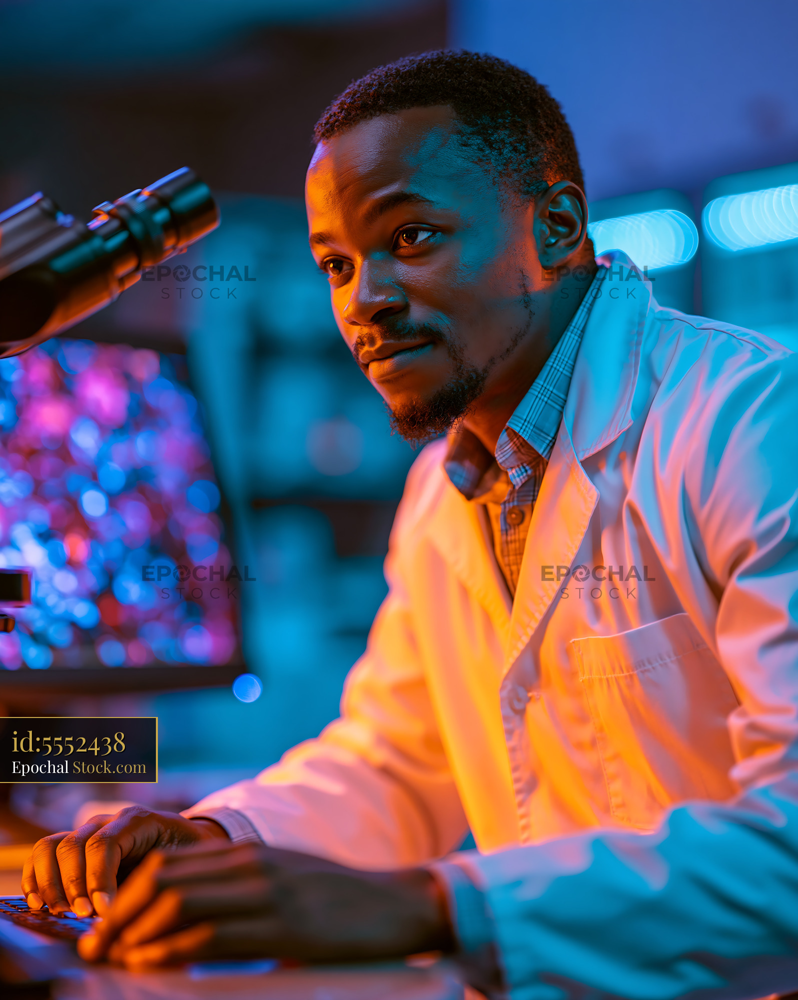 Black male scientist performing acceptor photobleaching fret analysis - stock photo