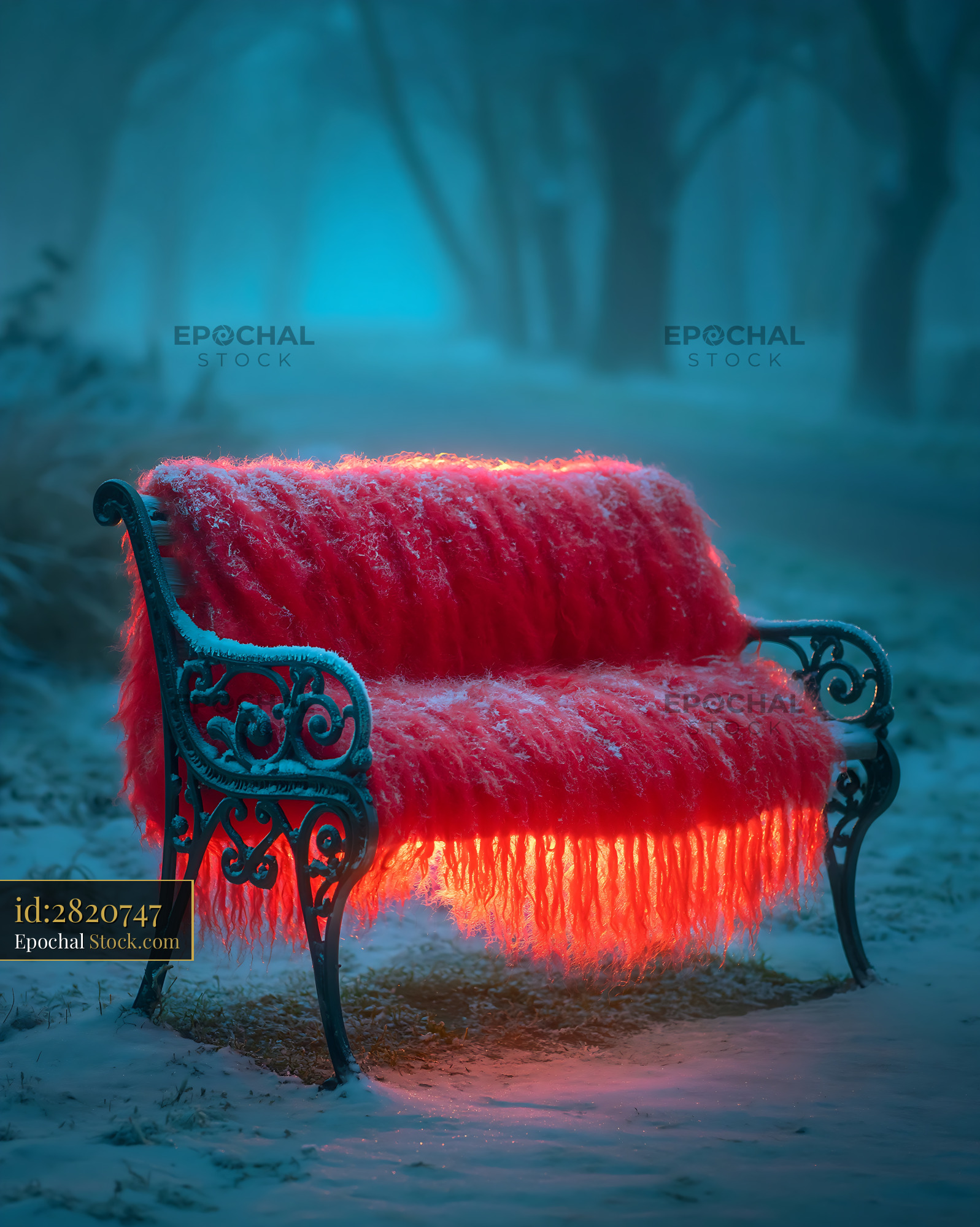 Red cashmere throw on bench in a misty winter park at night - stock photo