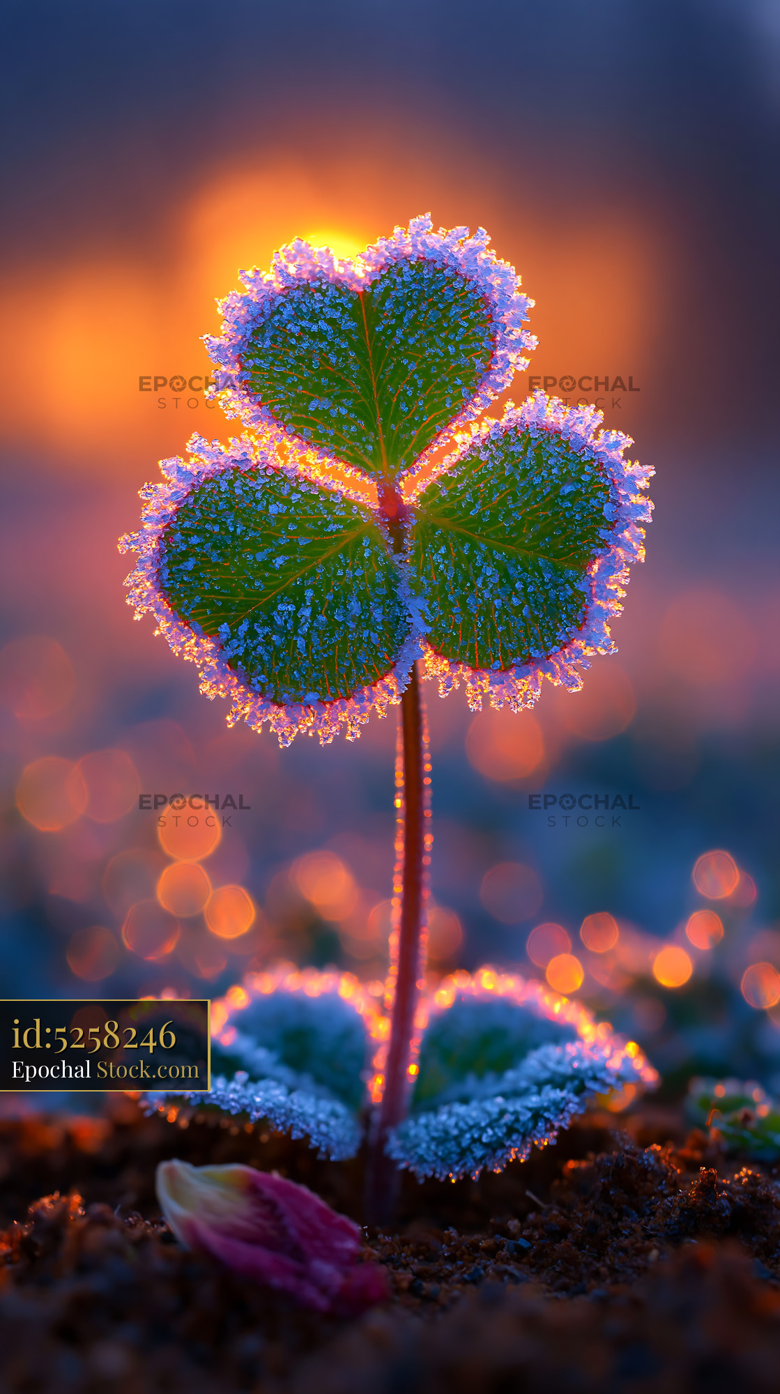 Frozen clover leaf with morning frost at sunrise in a winter field - stock photo