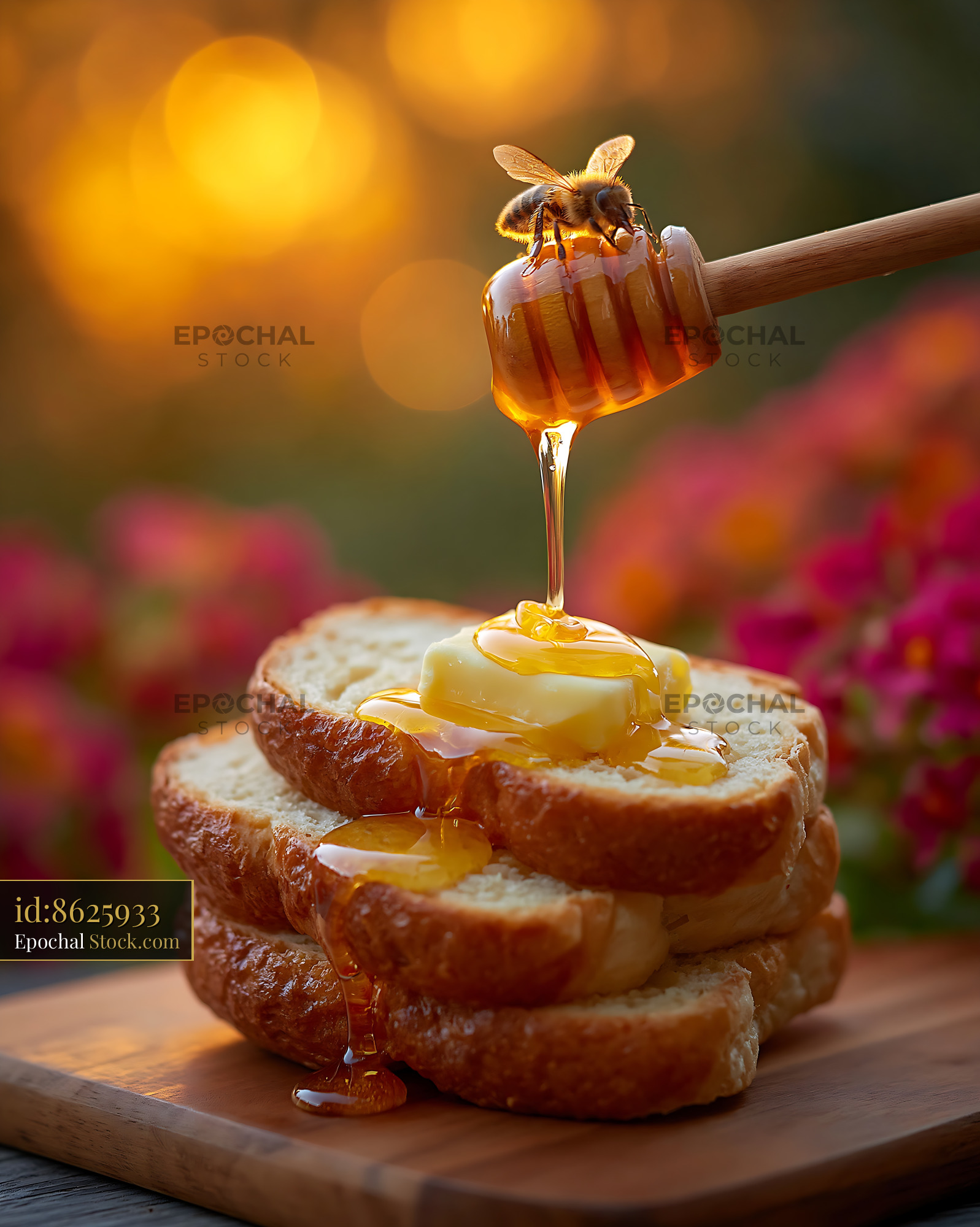 Honey dripping on amish friendship german bread with butter and a bee - stock photo