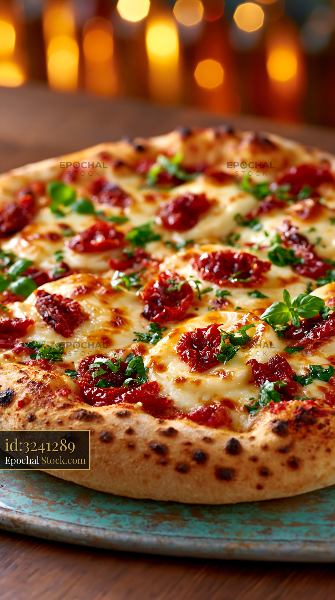 Gourmet scamorza affumicata pizza with sun-dried tomatoes and herbs - stock photo