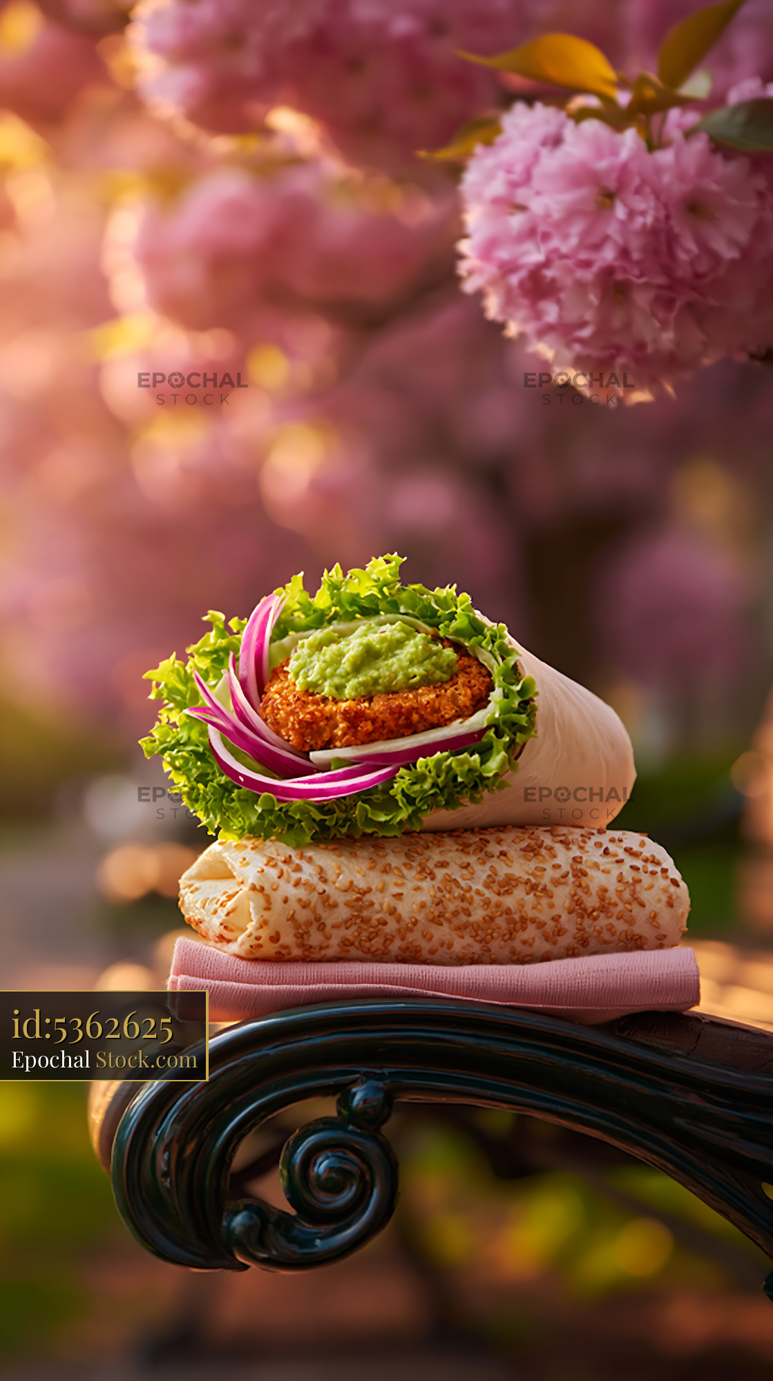 Vegan falafel wrap on a park bench under cherry blossoms - stock photo
