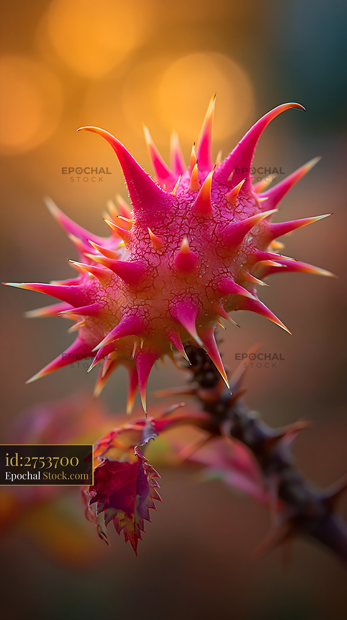 Close up rose thorns on a vibrant pink spiky plant pod at golden hour