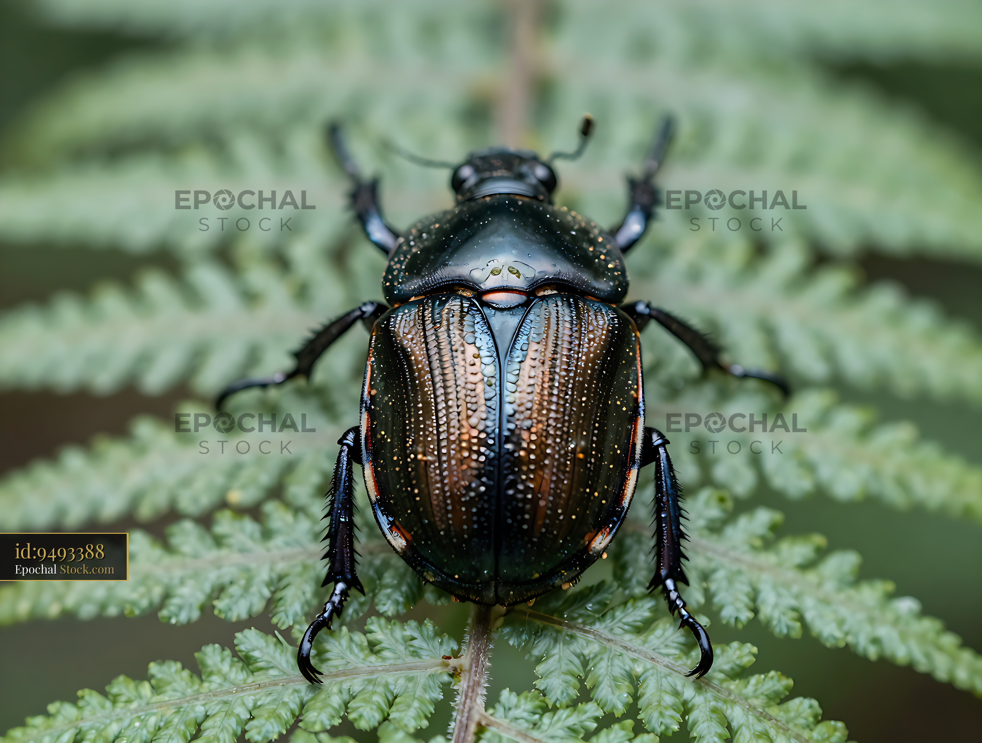 Tortoise leaf beetle with iridescent shell resting on a green fern - stock photo