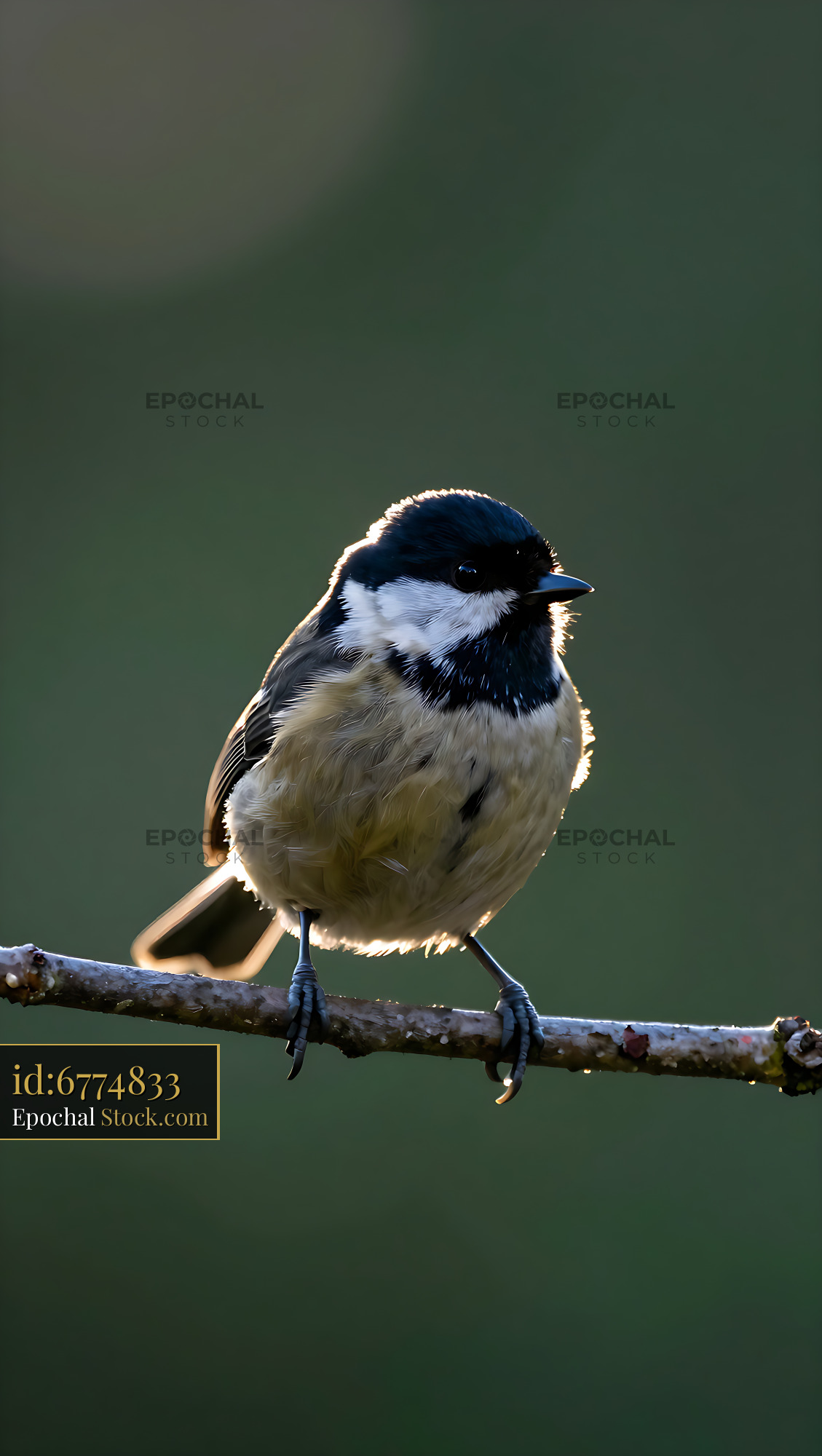 Coal tit perched on a thin branch with glowing rim lighting at dawn - stock photo