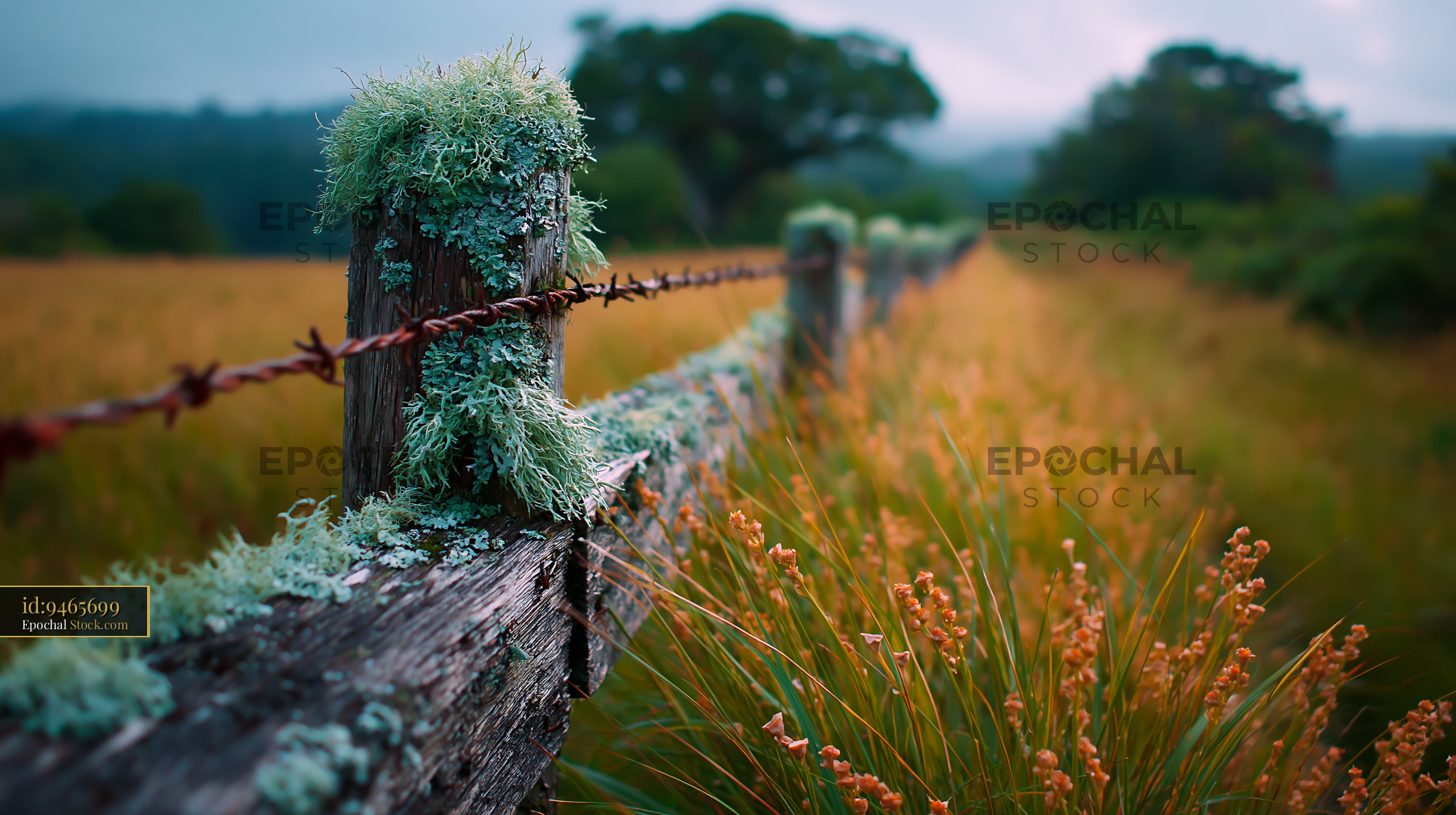 Rustic wooden fence with lichen in a golden meadow at dusk - stock photo