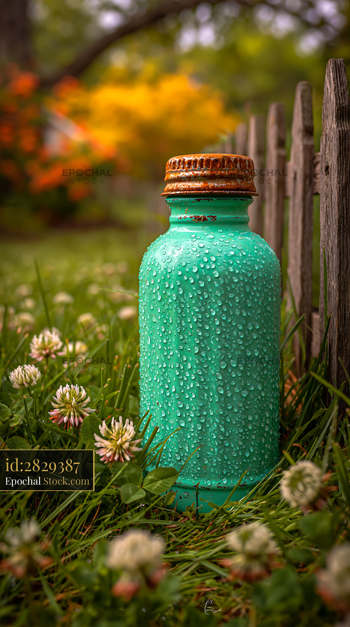Turquoise reusable water bottle with droplets in a summer garden - stock photo