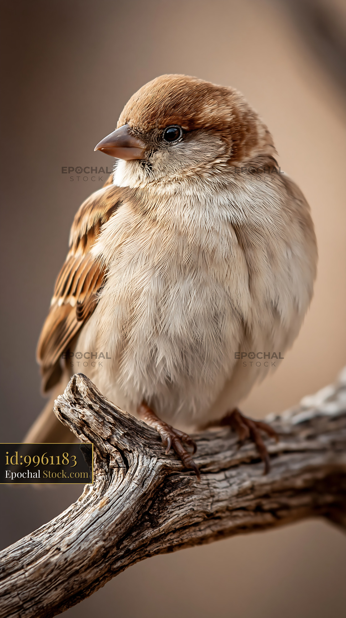 Small sparrow huddled on a bare branch against a soft background - stock photo