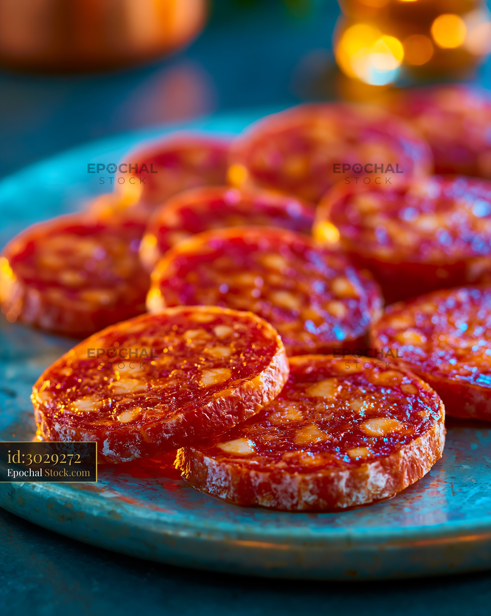 Slices of chorizo de cantimpalos meat on a rustic plate - stock photo