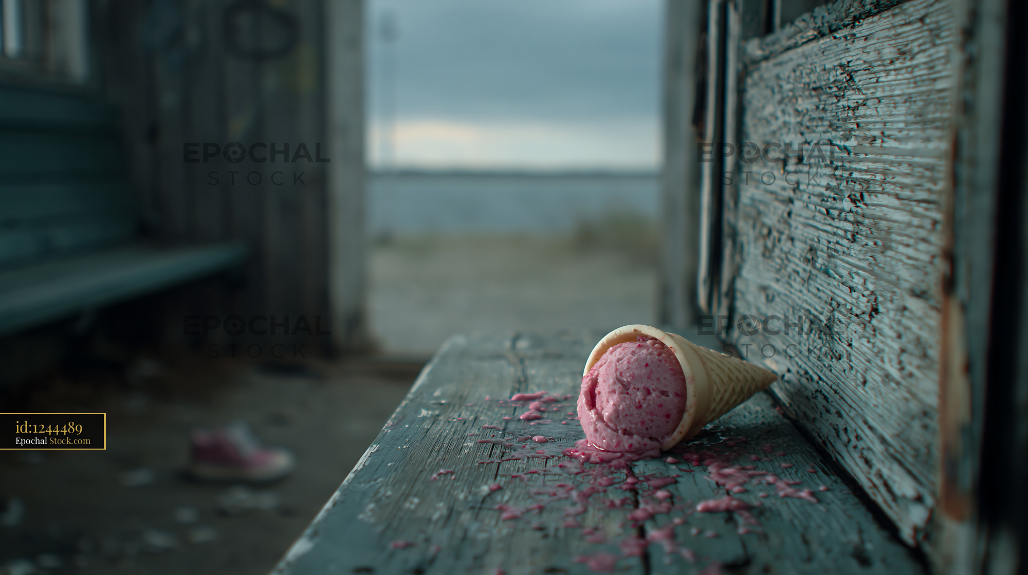 Abandoned pink ice cream cone melting on a weathered wooden bench - stock photo