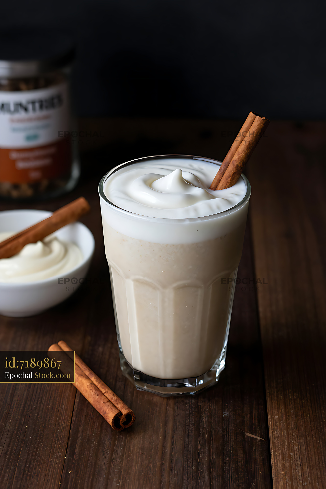 Muntries mosaic smoothie with whipped cream and cinnamon sticks - stock photo