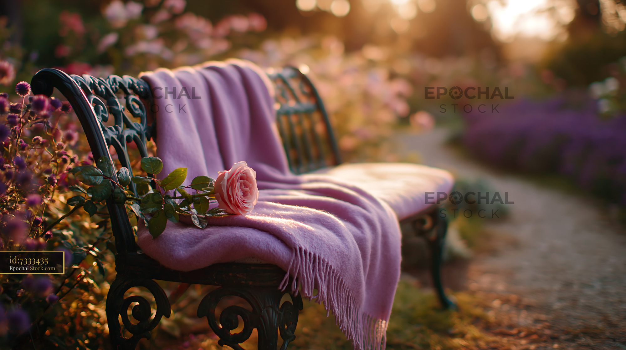 Soft pink cashmere throw on vintage garden bench with a single rose - stock photo