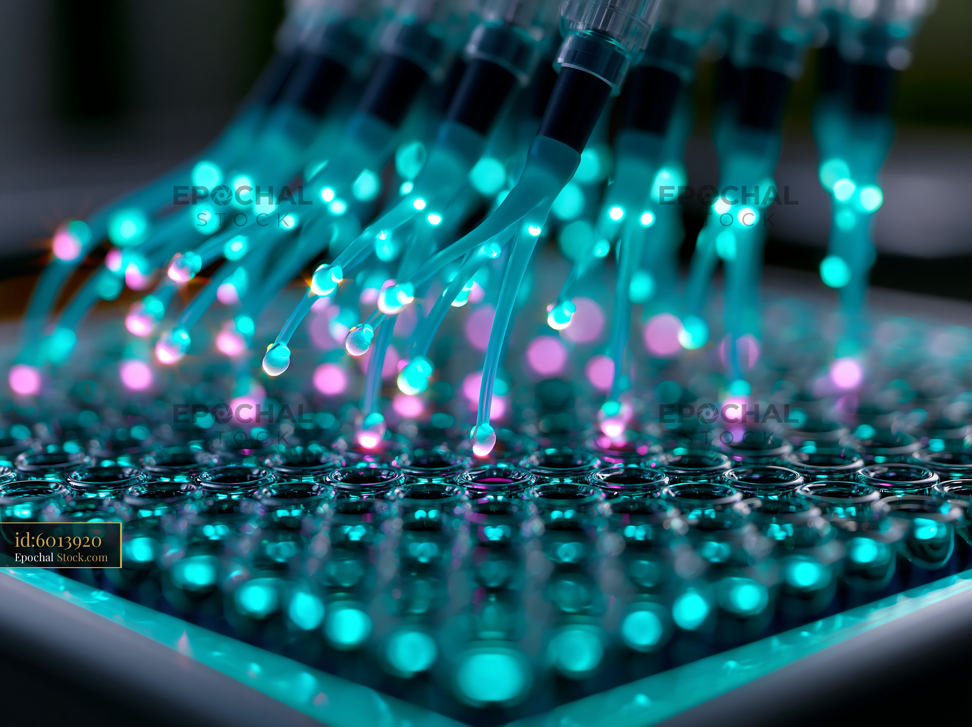 Automated patch clamp workstation dispensing luminous liquid into micr - stock photo