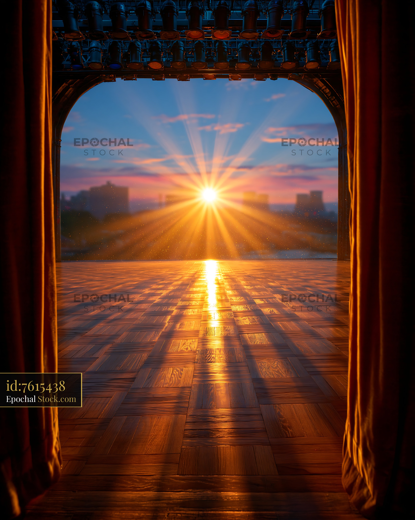 Empty theater stage with golden sun flare over city skyline