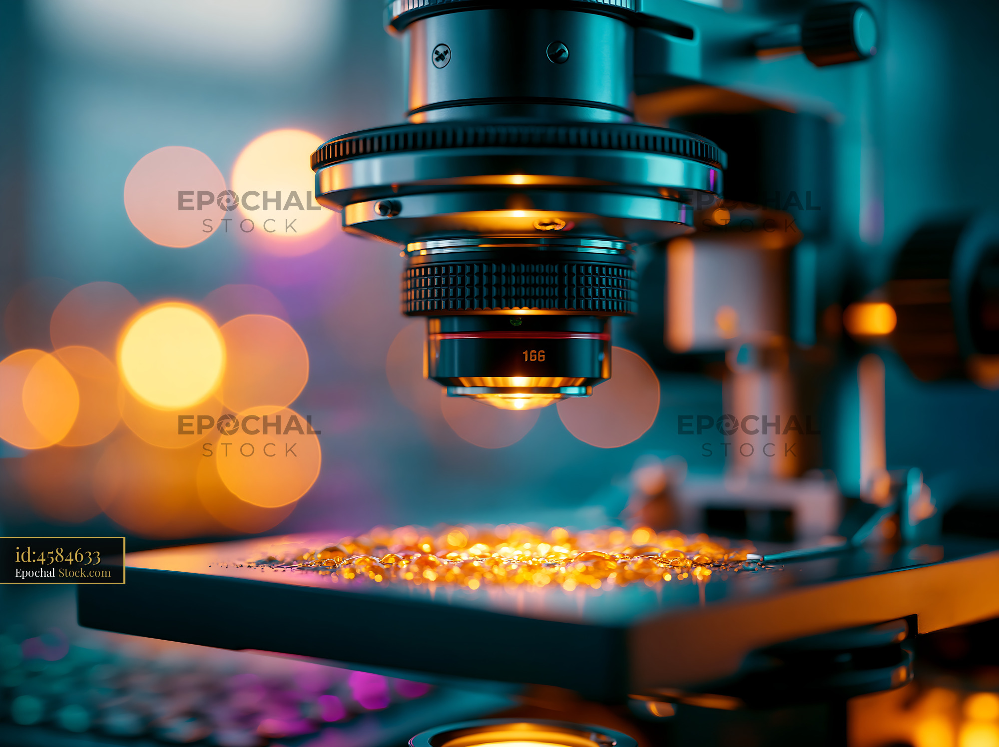 Modern microscope lens focusing on a glowing DNA sample in a laborator - stock photo