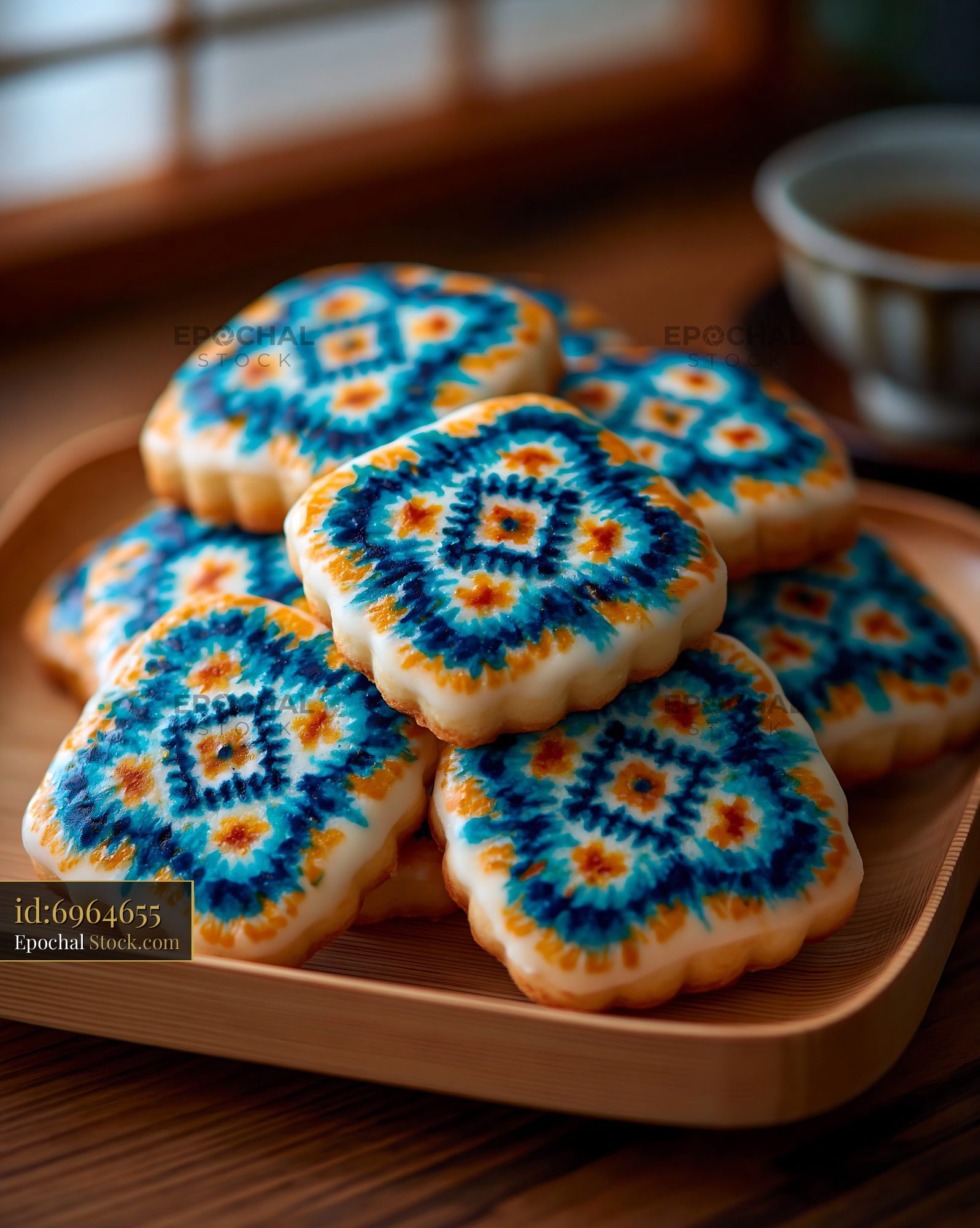Artisanal square cookies with blue geometric icing on a wooden tray - stock photo