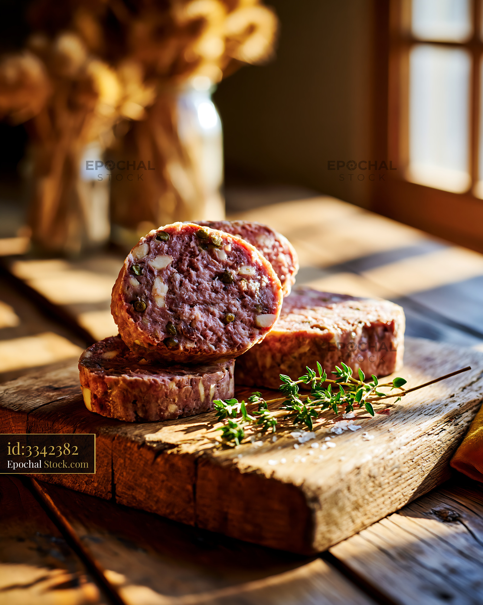 Slices of confit de canard meat on a rustic wooden board with thyme - stock photo