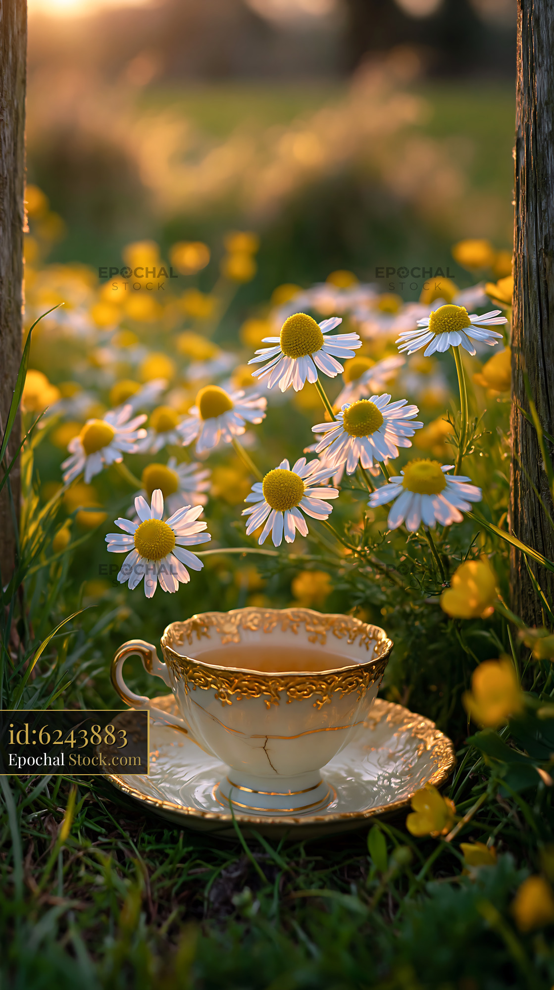 Vintage gold tea cup in a sunny flower meadow with wild daisies
