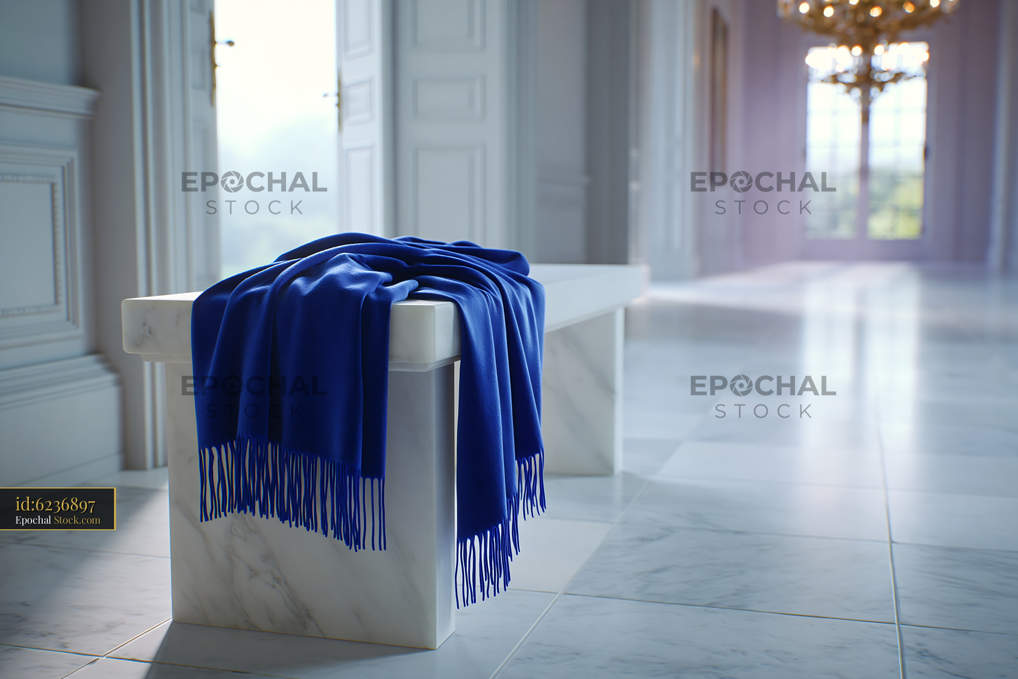 Blue cashmere throw on white marble bench in a luxury palace - stock photo