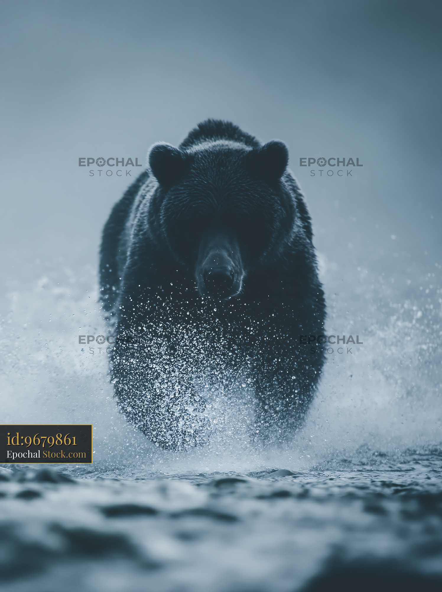 Grizzly bear charging through water in a misty wilderness - stock photo