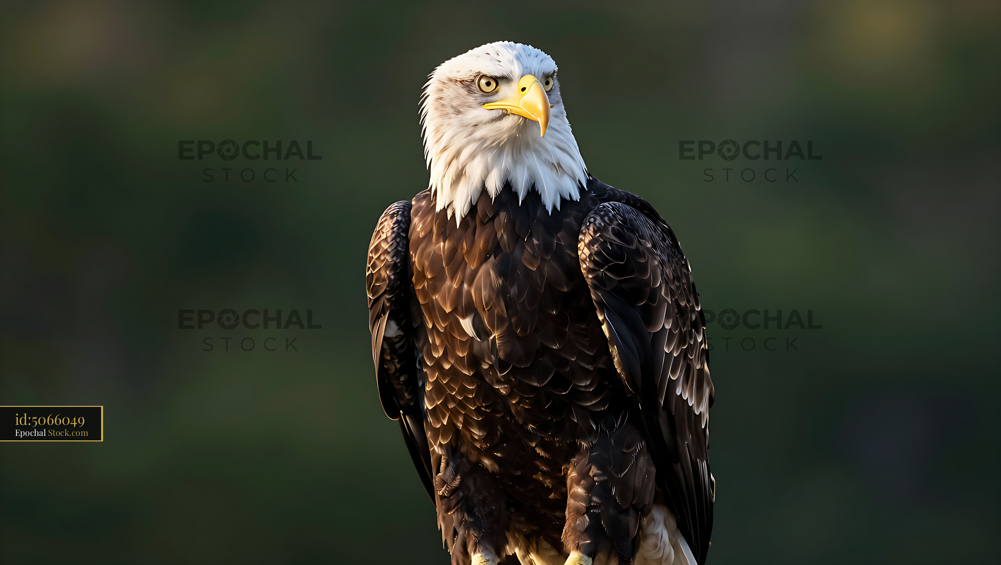 Majestic bald eagle perched at sunset with a blurred green background - stock photo