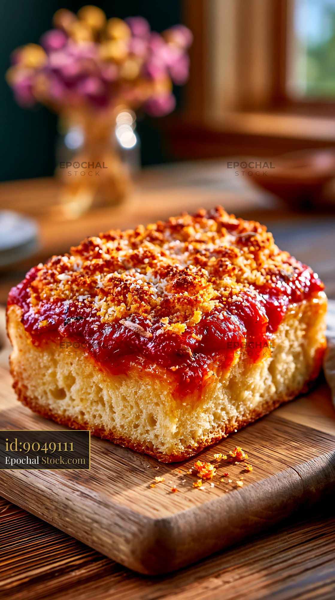 Traditional sfincione pizza slice with tomato sauce and breadcrumbs - stock photo