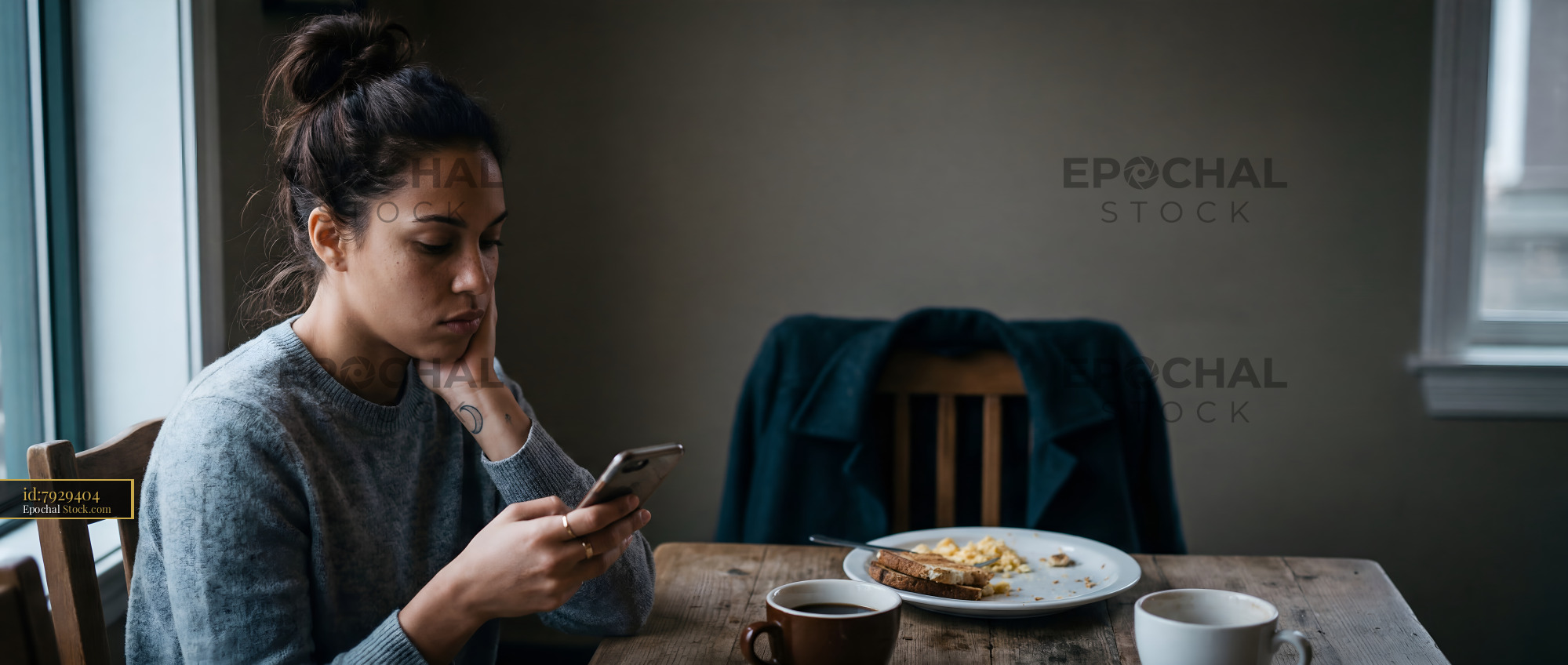 Woman using phone while sitting at a table with food Premium Stock Image - stock photo