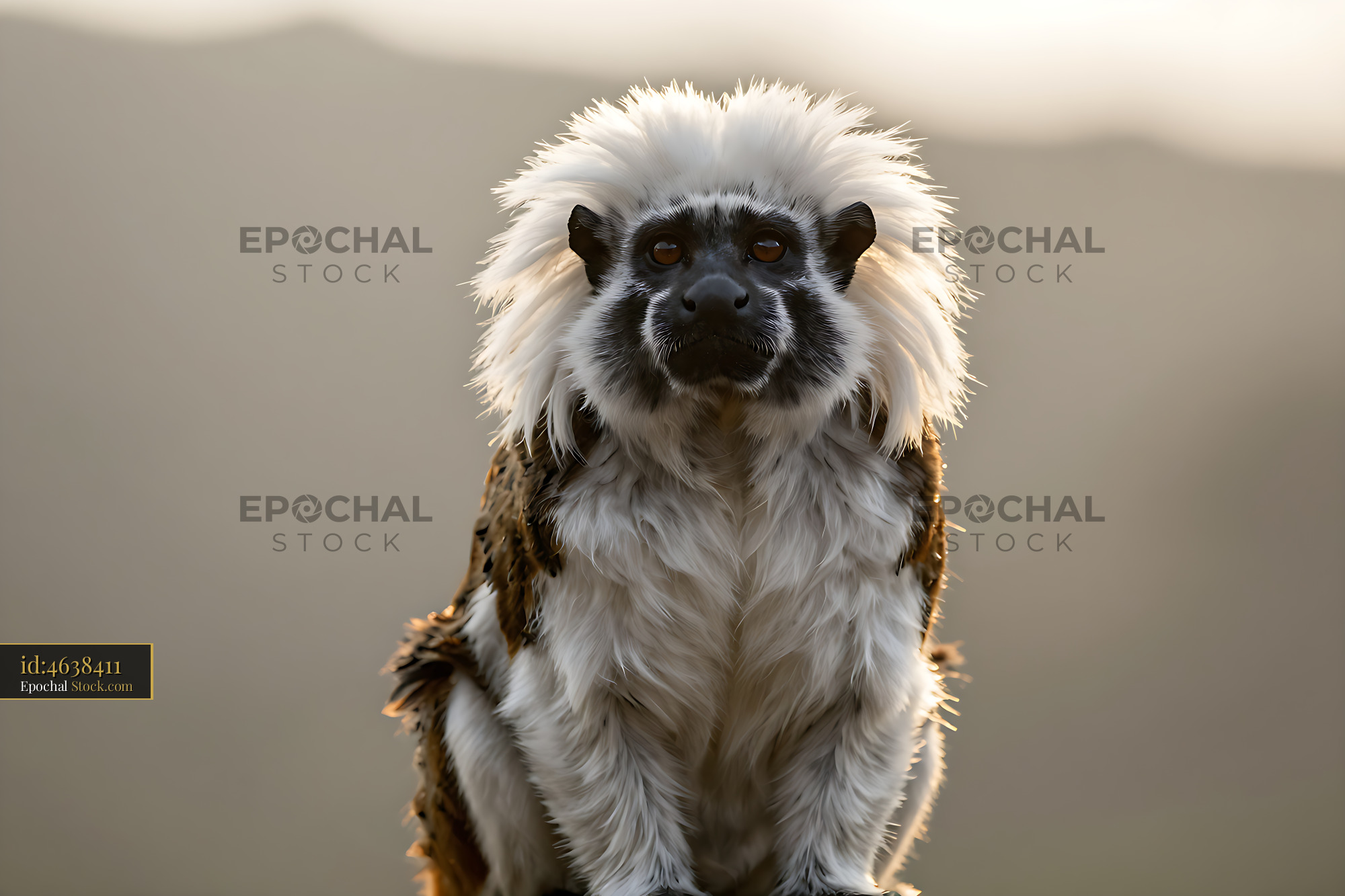 Cotton-top tamarin with white crest sitting in golden hour light - stock photo