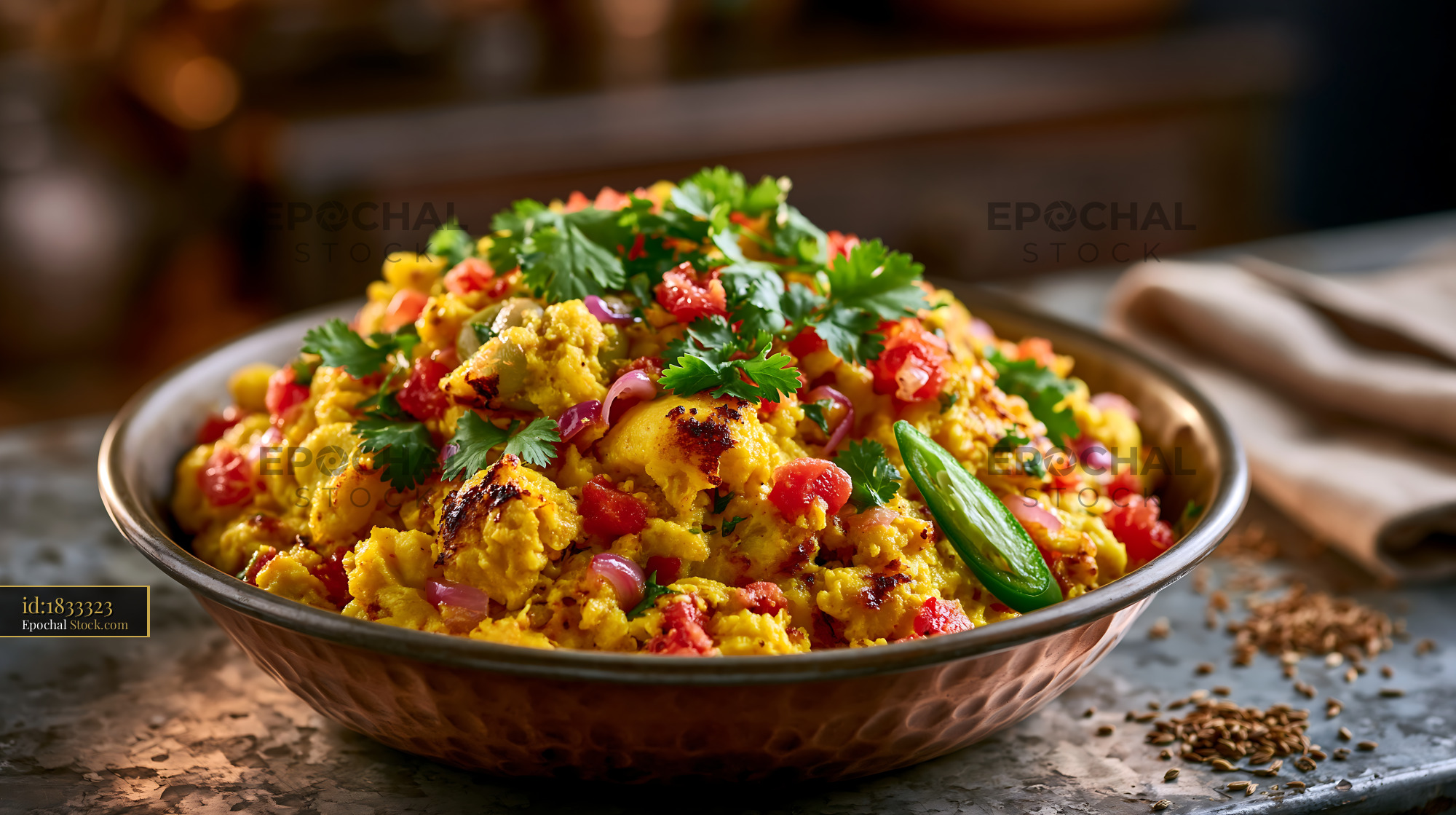 Spicy Indian egg bhurji scrambled eggs with fresh herbs in copper bowl - stock photo