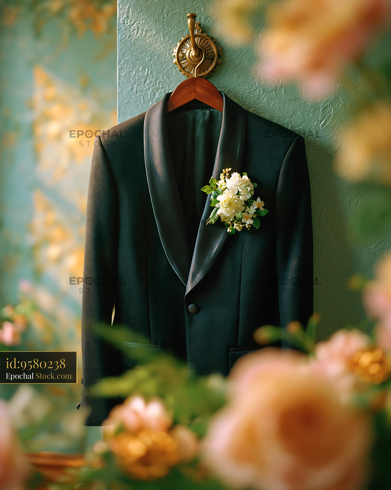 Black tuxedo jacket on dressing room hook with floral boutonniere - stock photo