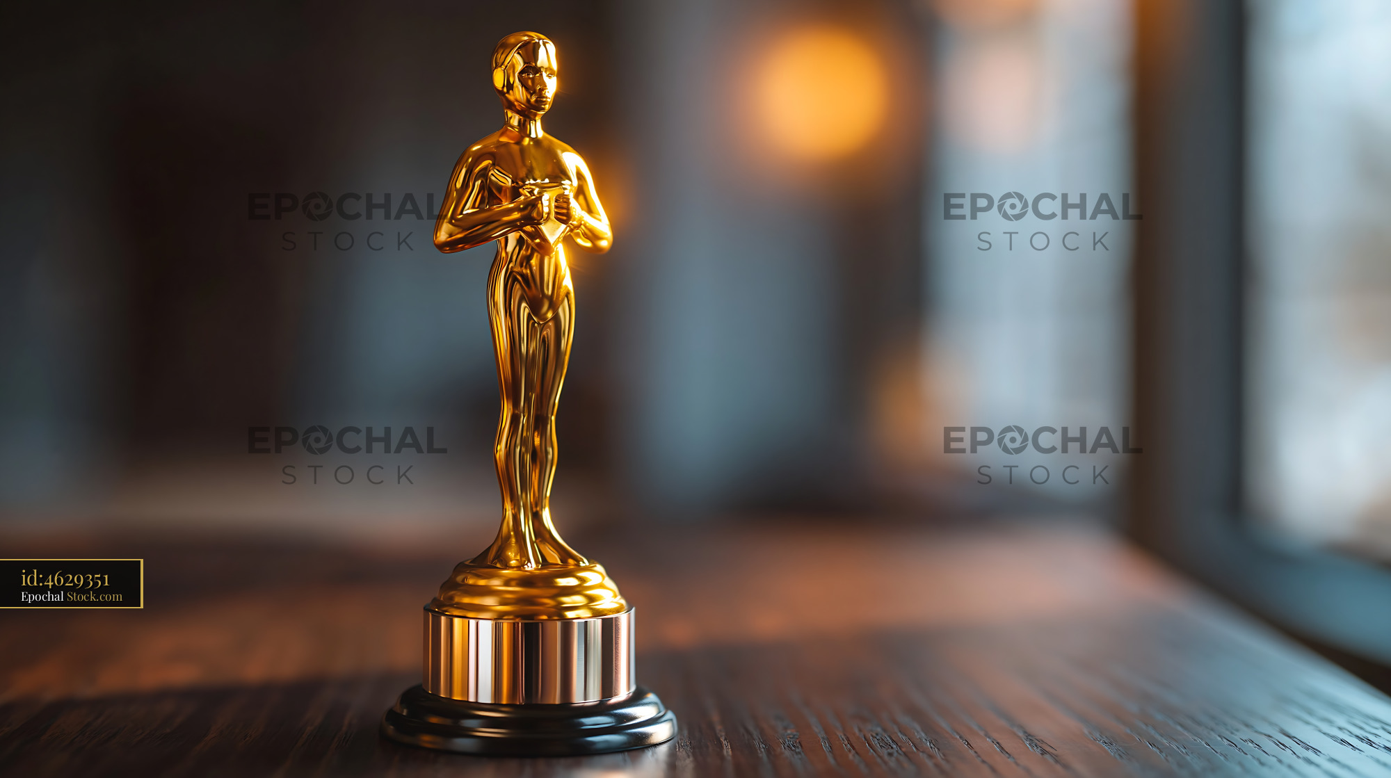 Golden award statue on table representing success and achievement - stock photo
