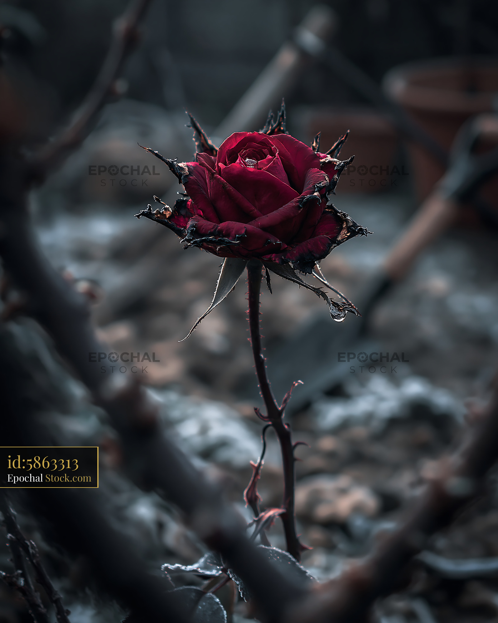 Dark red rose with charred petals and dew drop in a moody garden - stock photo
