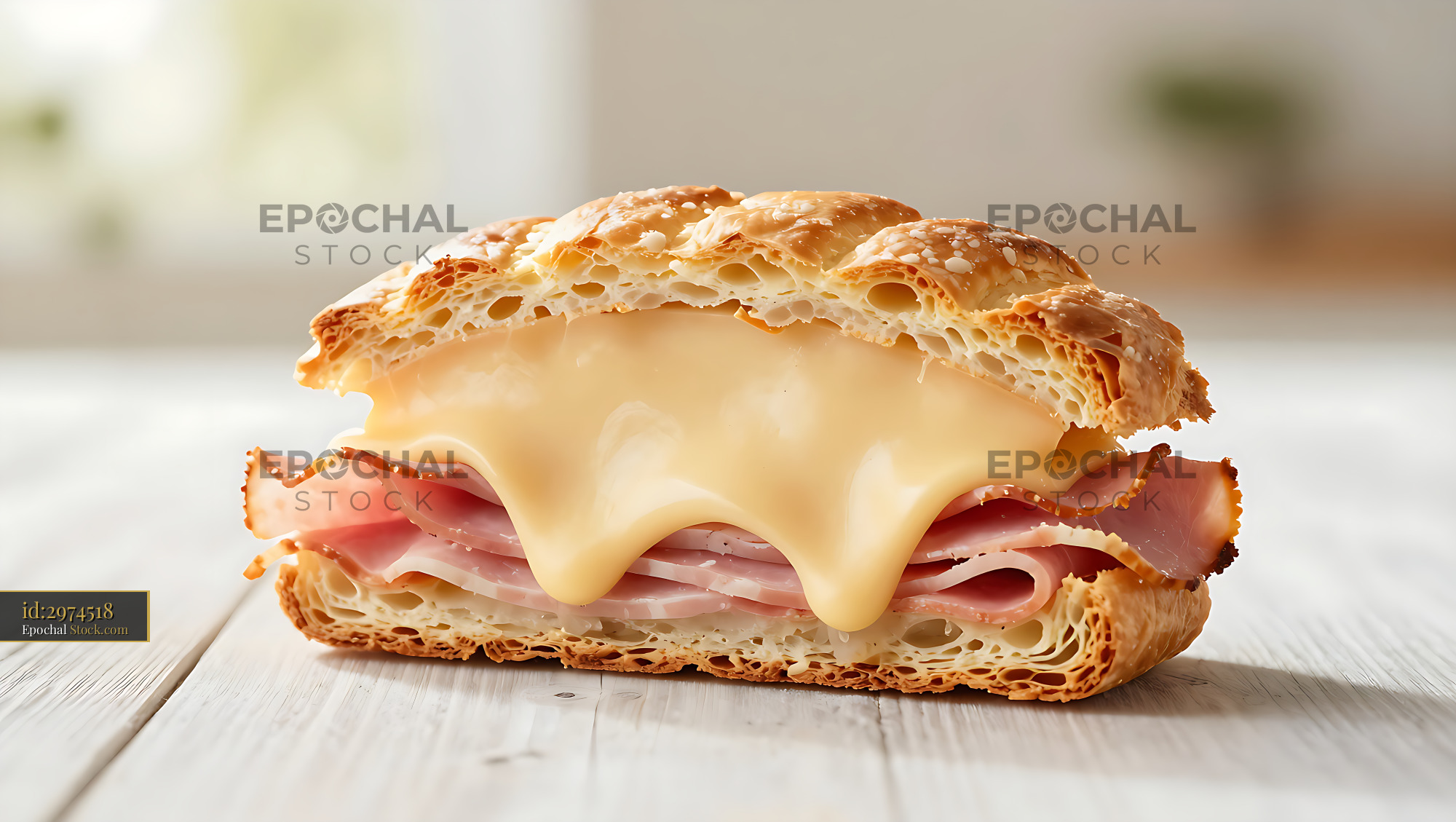 Savory Schinkengipfel with melted cheese and ham on white wood - stock photo