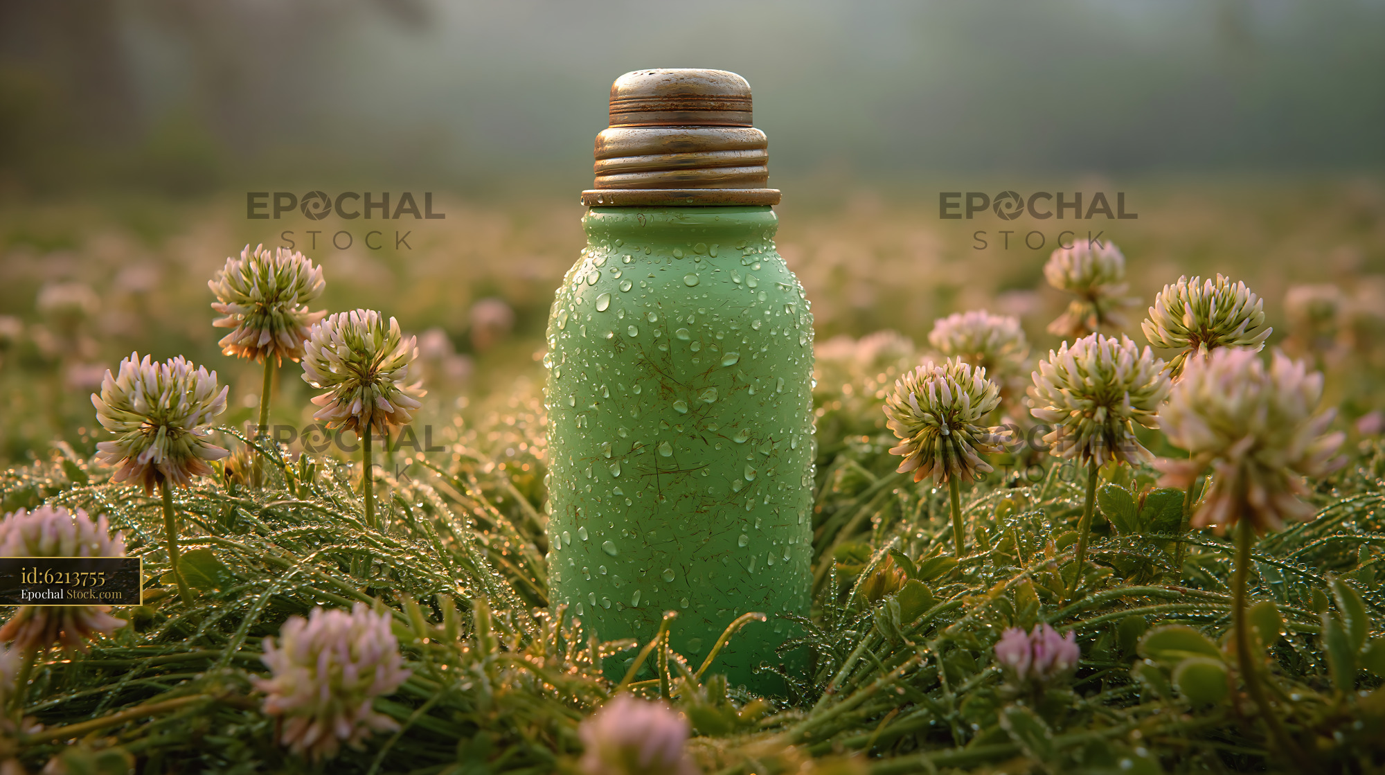 Vintage green thermos with water drops in a spring clover field