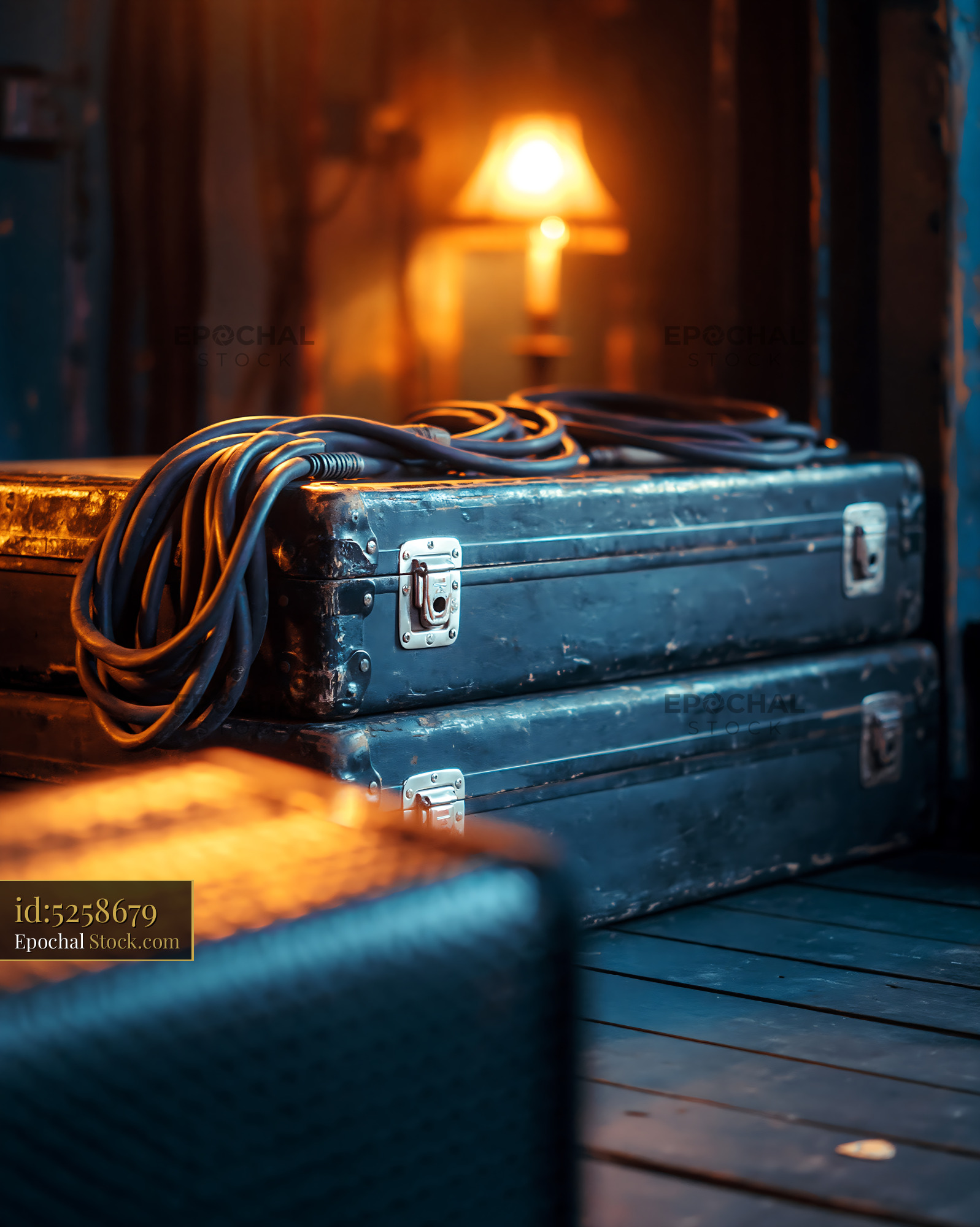 Backstage equipment on empty stage with flight cases and cables
