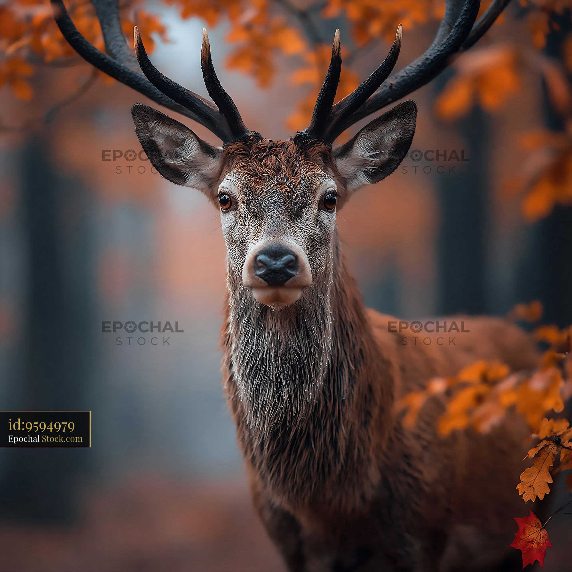 Red deer stag standing in misty autumn woods with orange leaves - stock photo