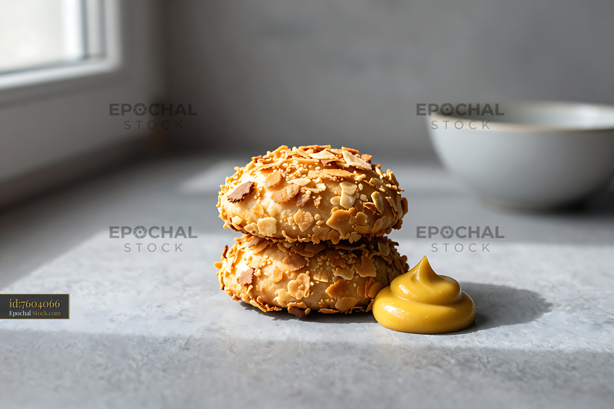 Schinkengipfel pastries with almond crust and mustard sauce - stock photo
